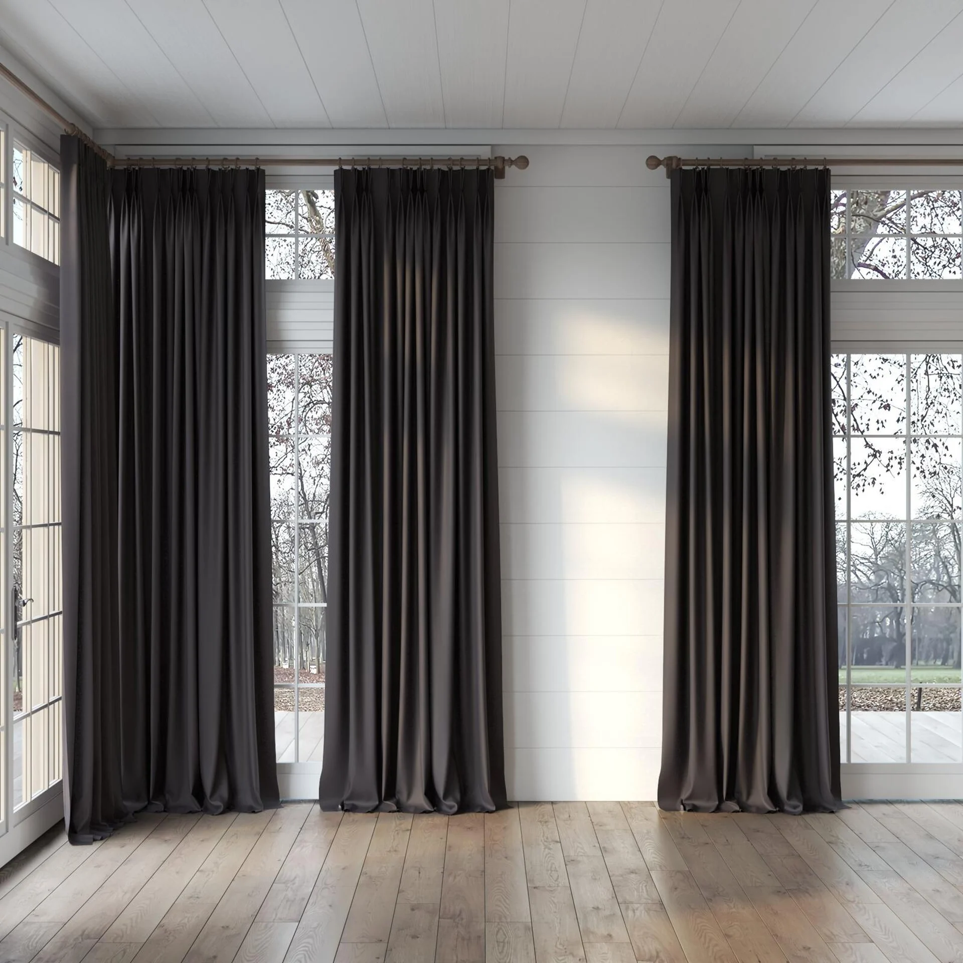 Full view of Duede Onyx, puddled, on curtain rod