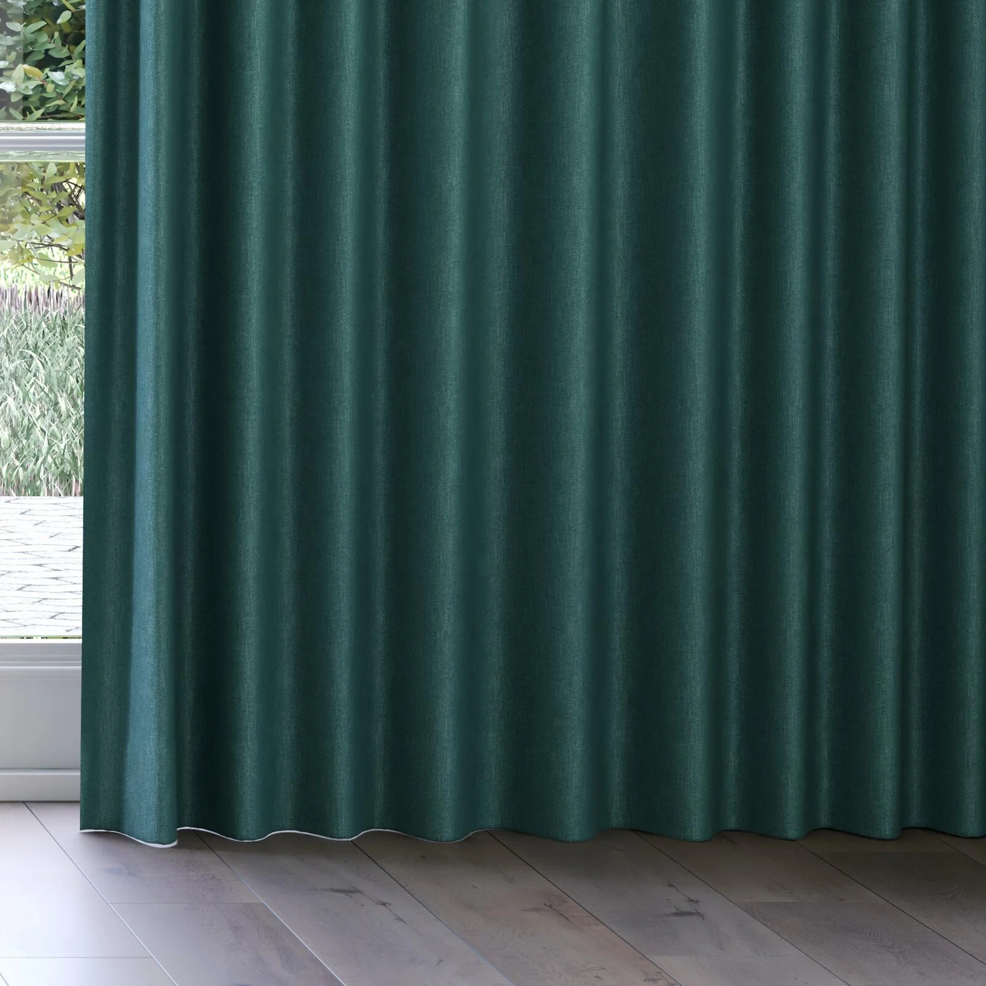Bottom view of Bronco Teal, on curtain rail