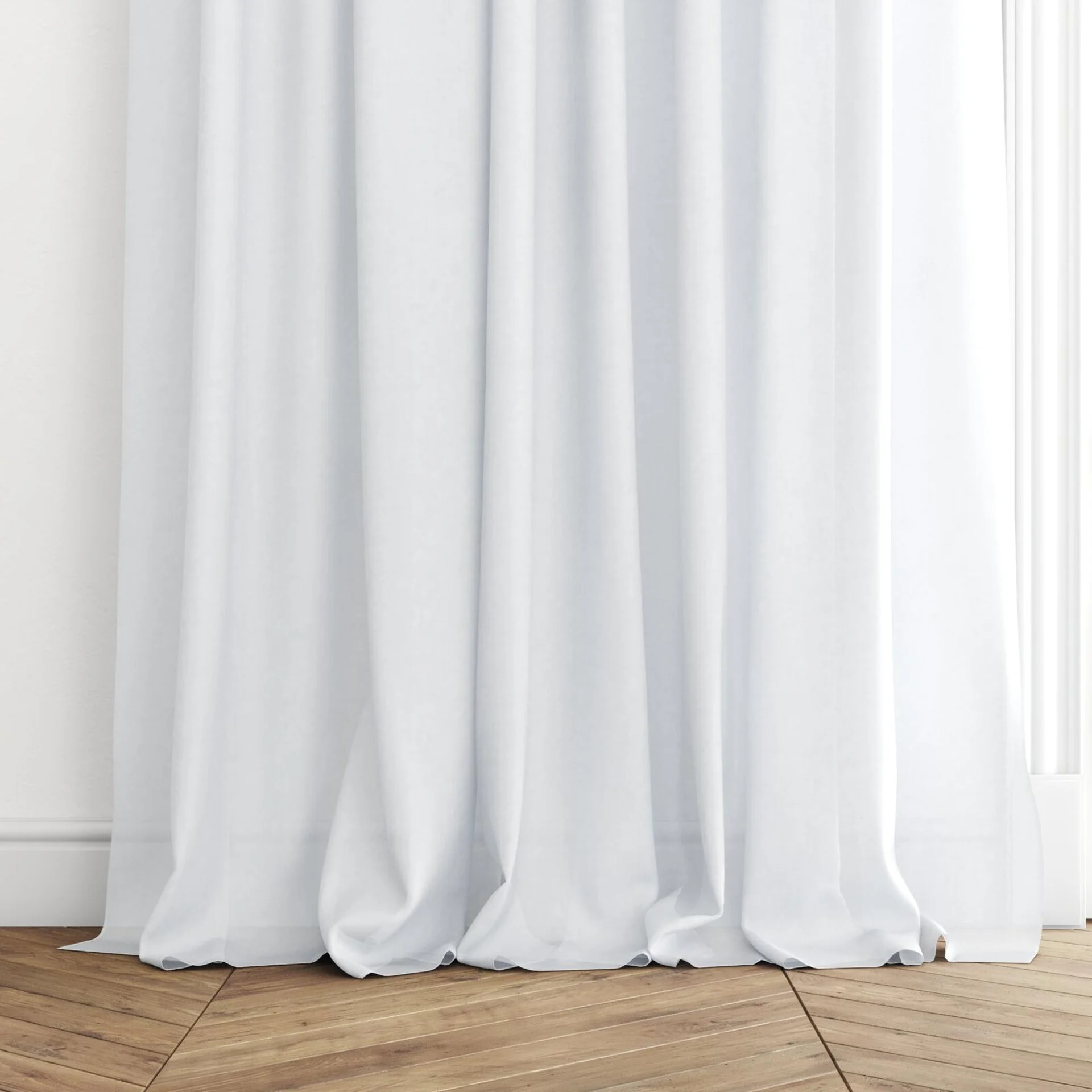 Bottom view of Flo II Swan, puddled with pinch pleat, on curtain rod