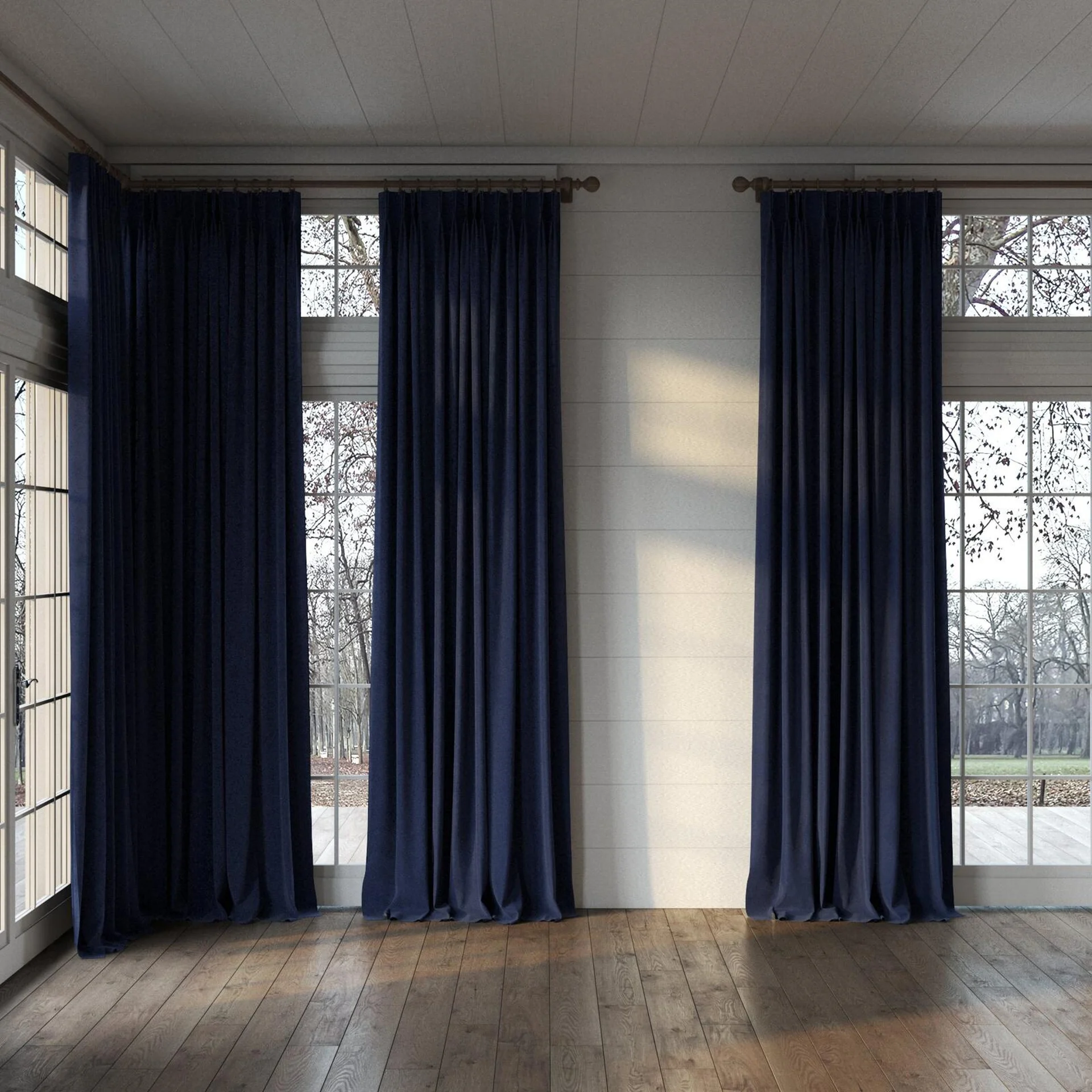 Full view of Verbier Navy, puddled, on curtain rod