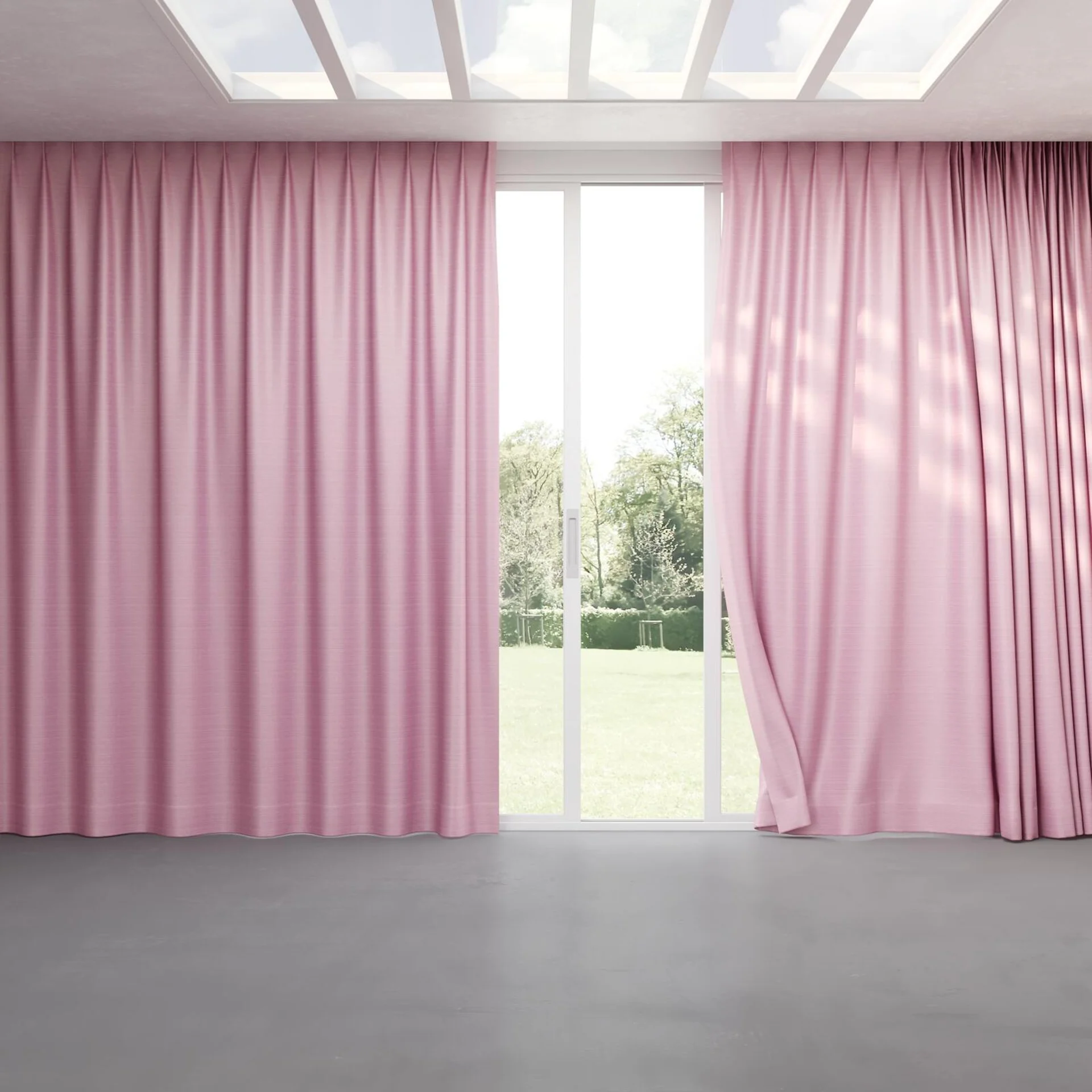 Full view of Silky Rose, pinch pleat