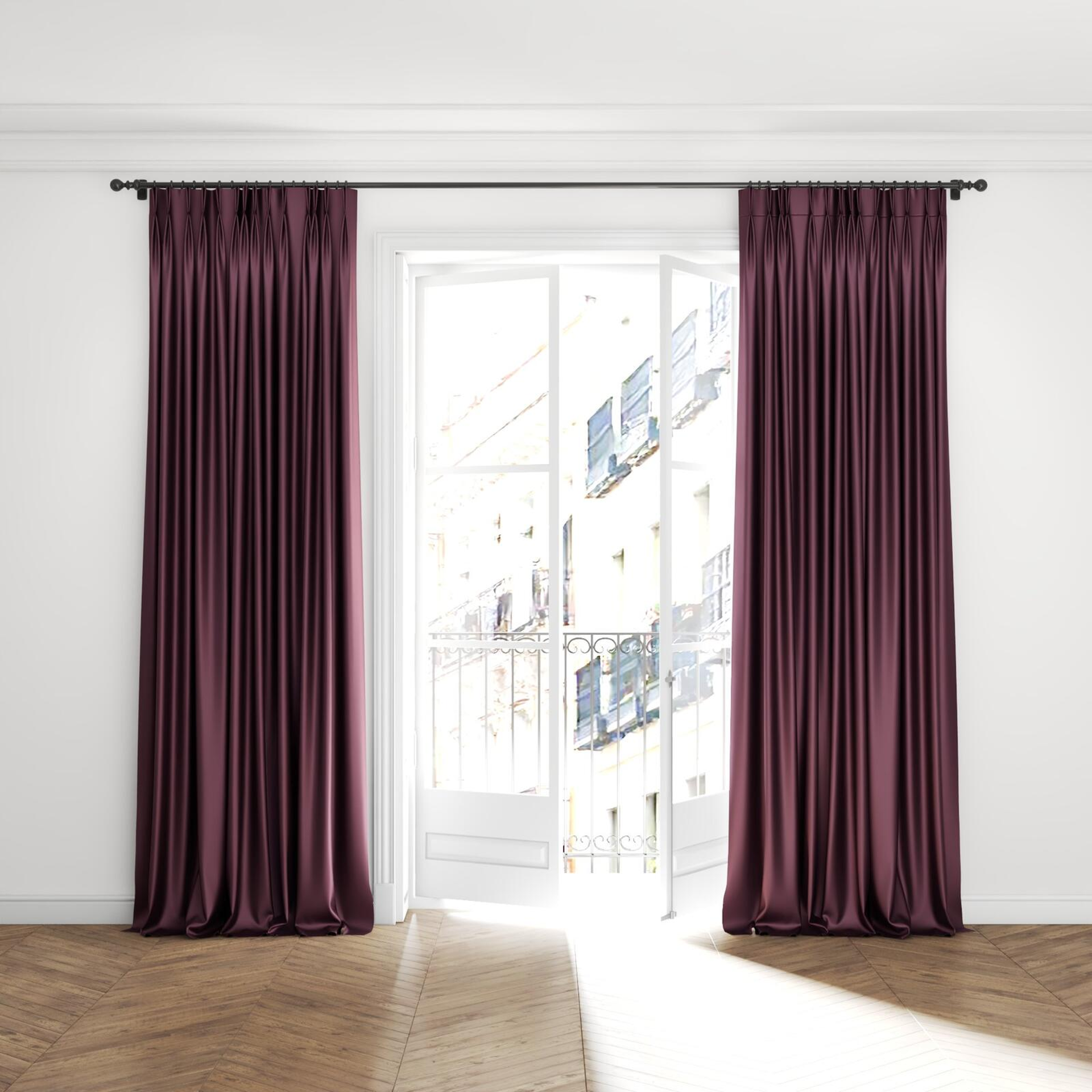 Full view of Moonbeam Eggplant, puddled with pinch pleat, on curtain rod