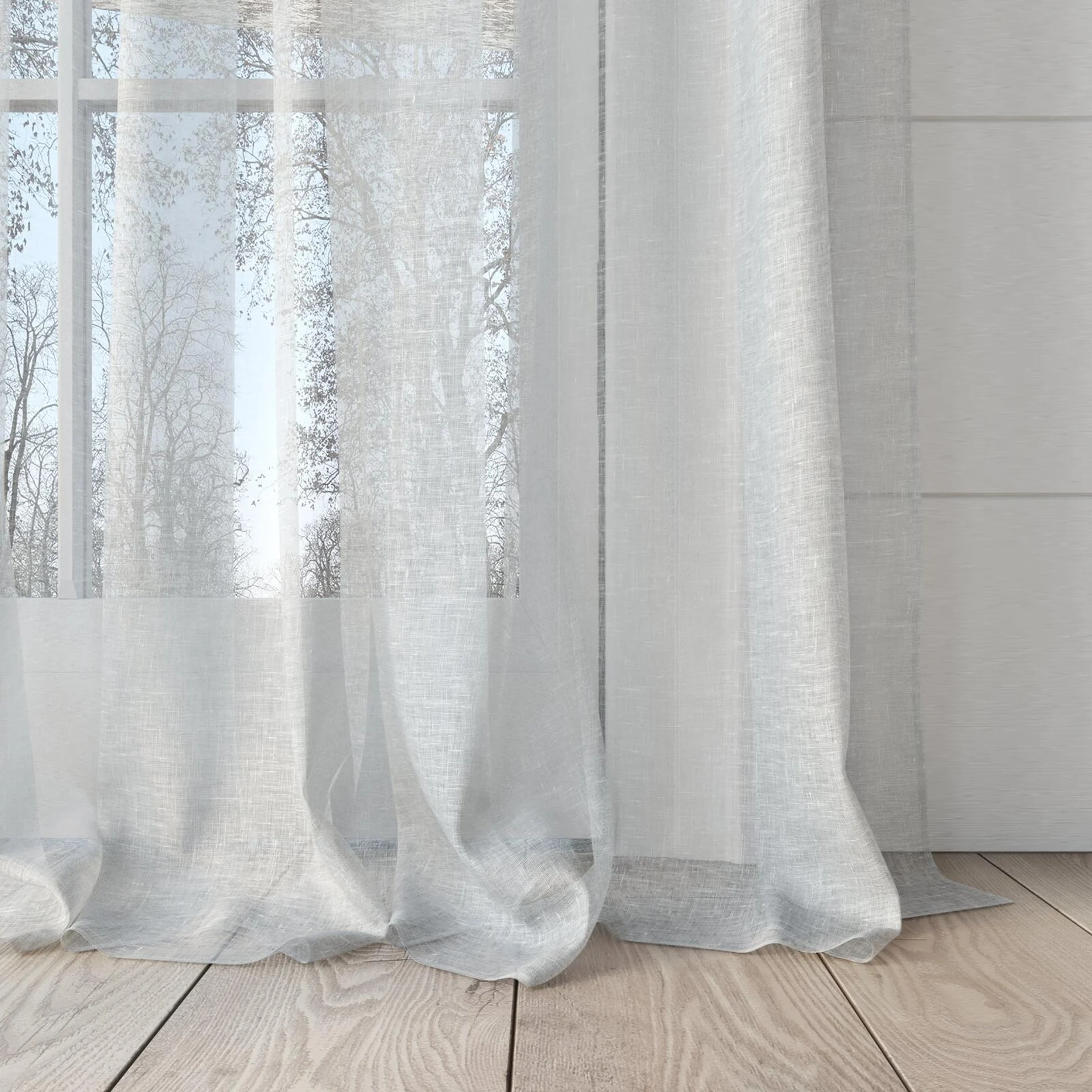Bottom view of Pure Linen Wool, puddled, on curtain rod