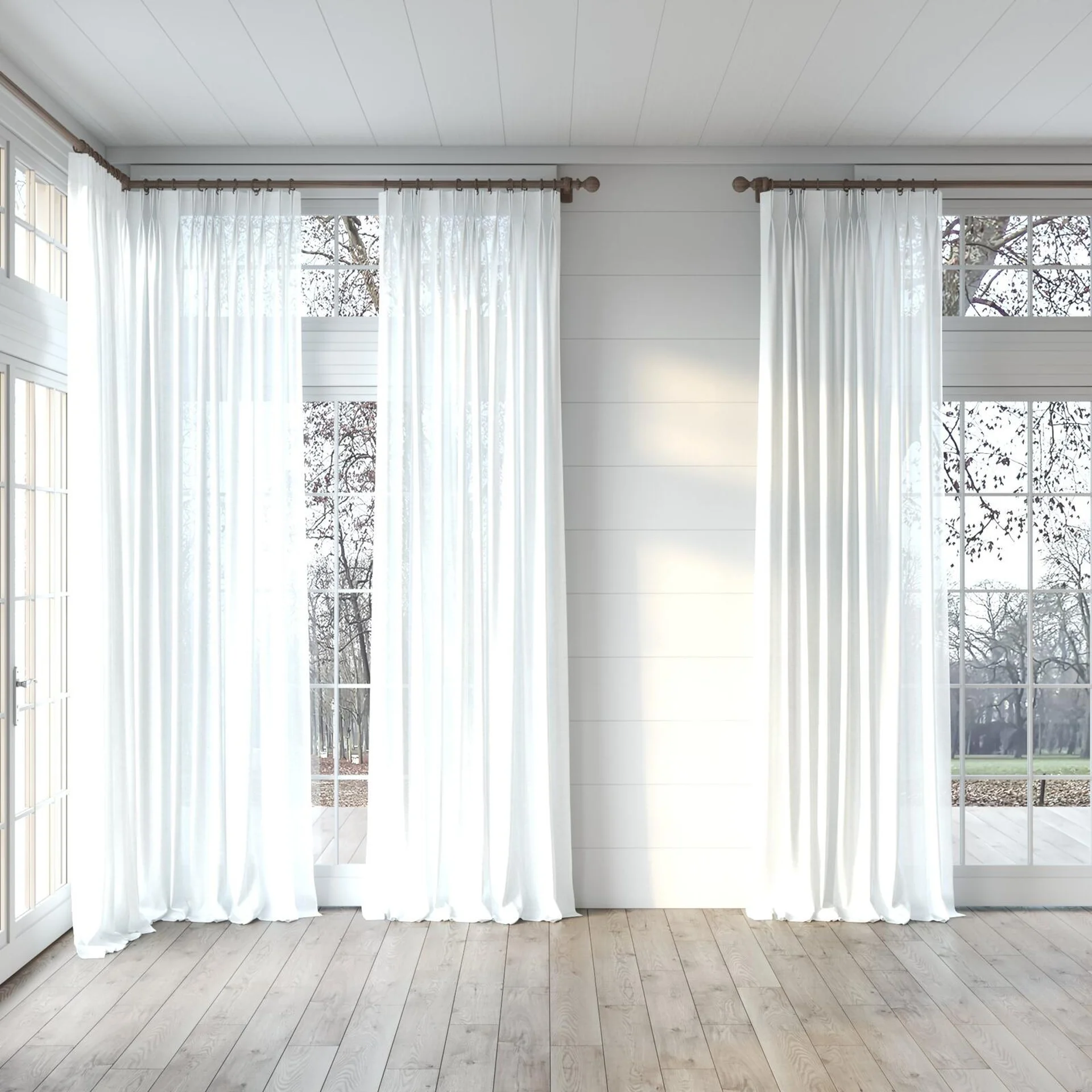 Full view of Arcadia Wool, puddled, on curtain rod