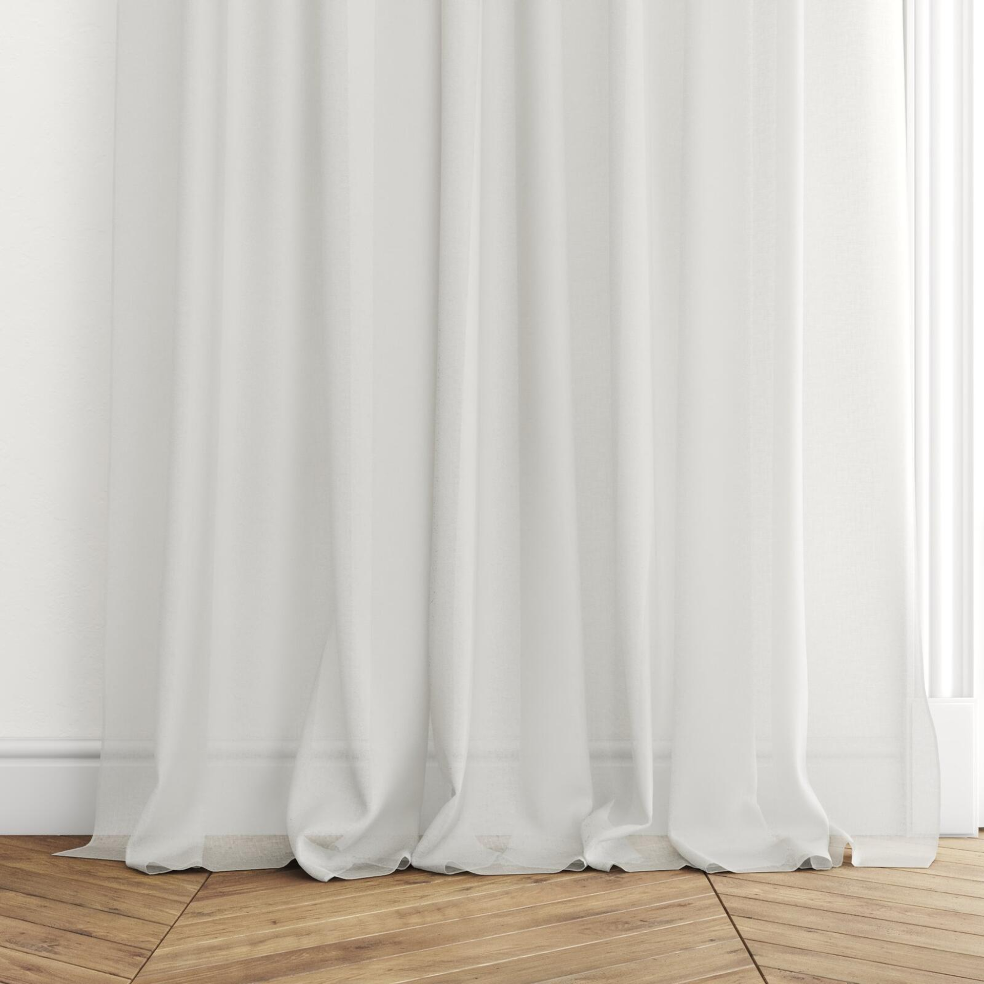 Bottom view of Wategos Oyster, puddled with pinch pleat, on curtain rod