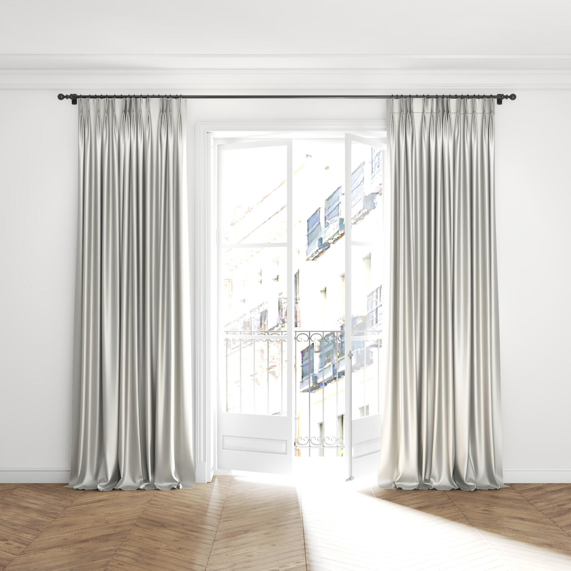 Full view of North Face Ice, puddled with pinch pleat, on curtain rod