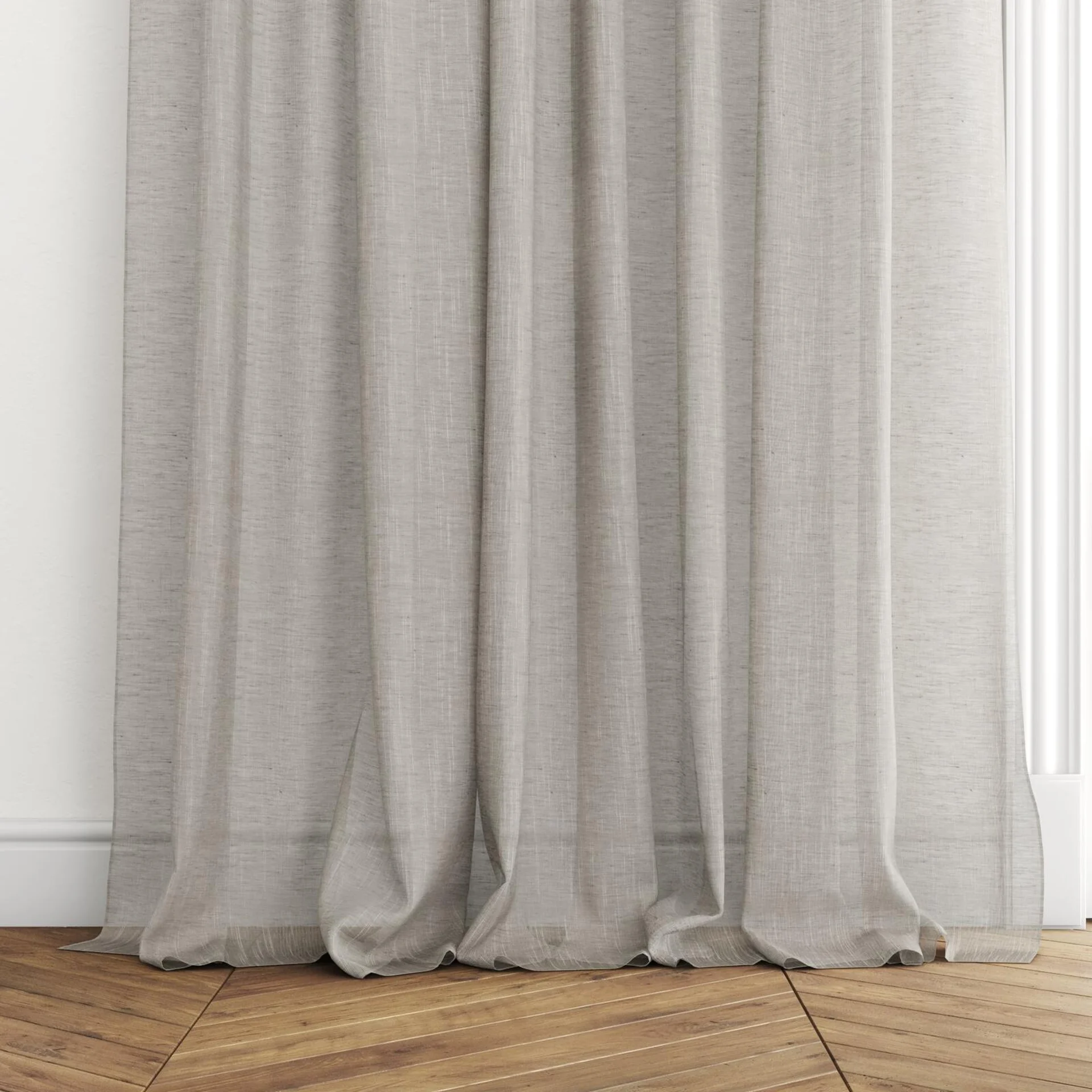 Bottom view of Rhythm Sable, puddled with pinch pleat, on curtain rod