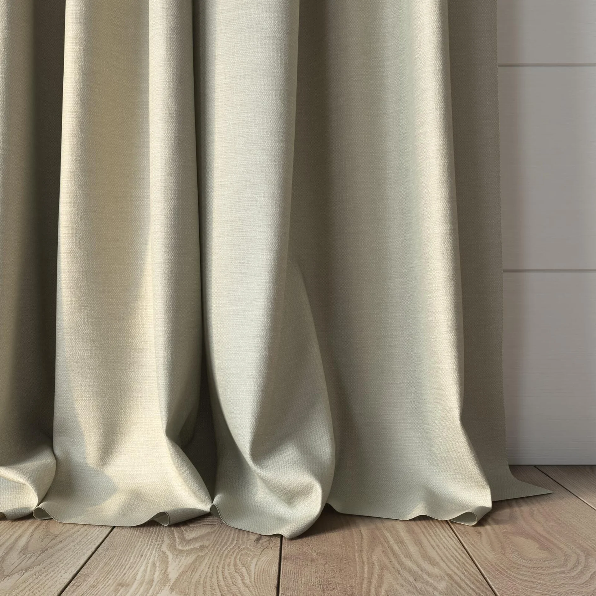 Bottom view of Colourwash Eco Ecru, puddled, on curtain rod