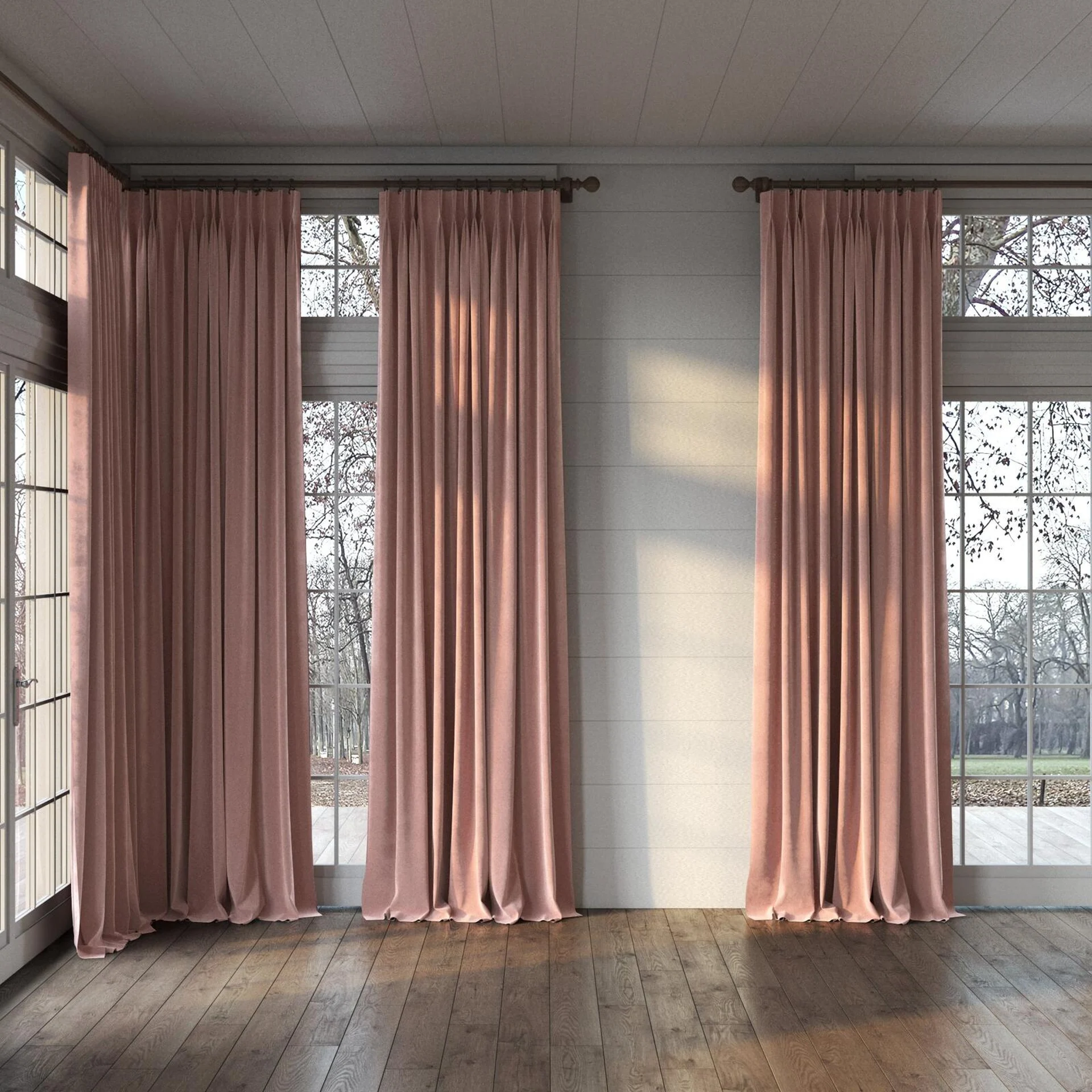 Full view of Verbier Petal, puddled, on curtain rod