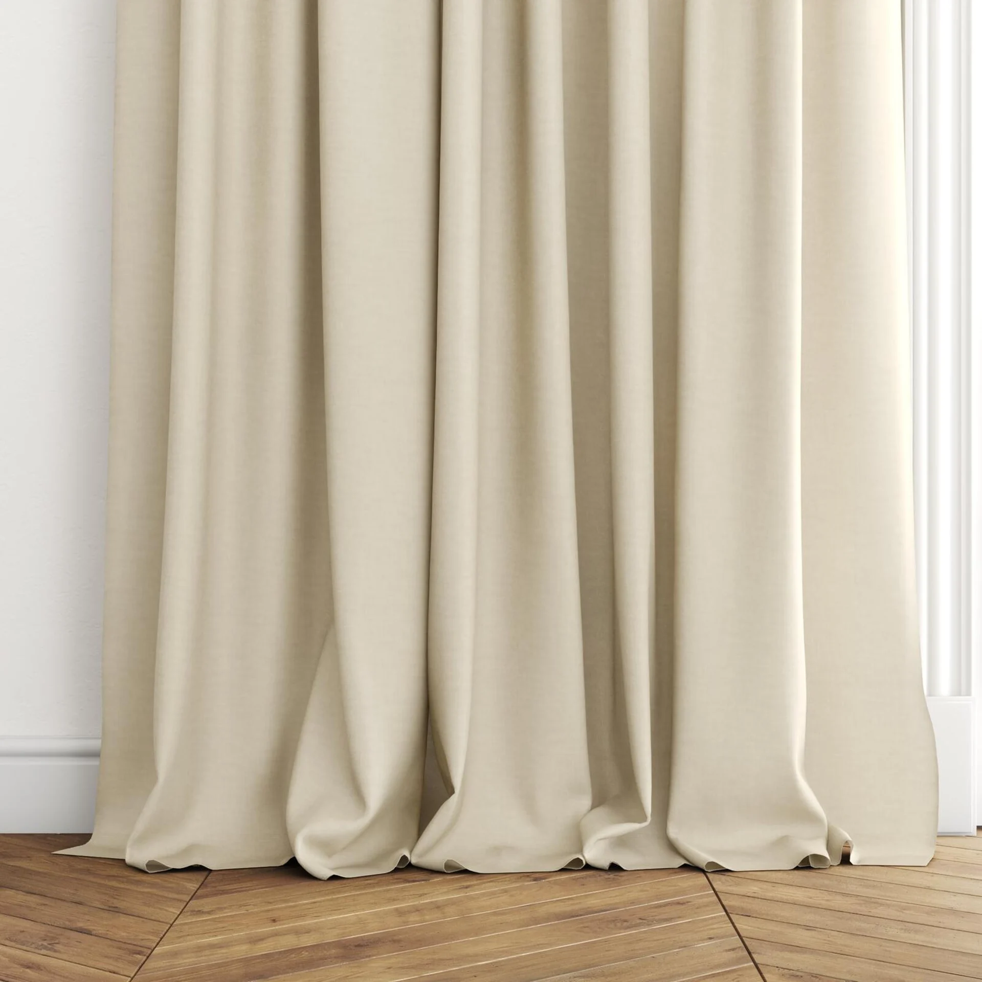 Bottom view of Arcadia Almond, puddled with pinch pleat, on curtain rod