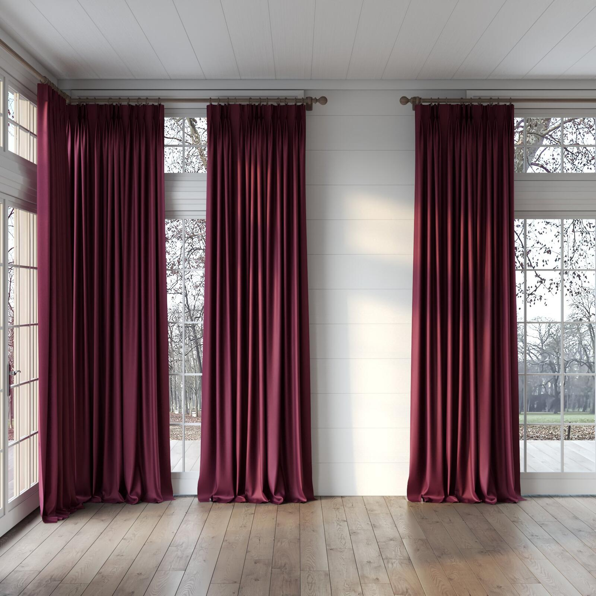 Full view of Tonga Cardinal, puddled, on curtain rod