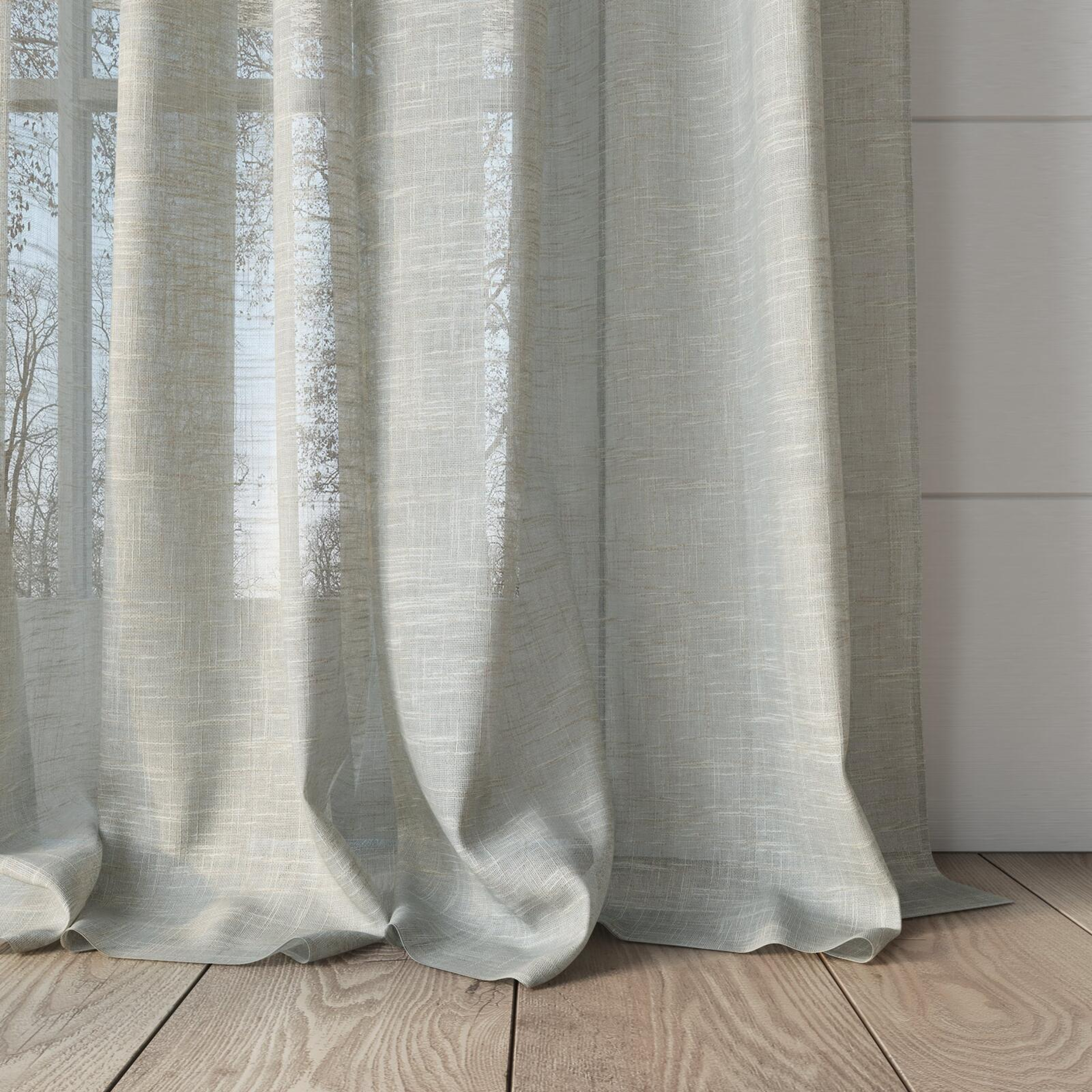 Bottom view of Savina Sand, puddled, on curtain rod