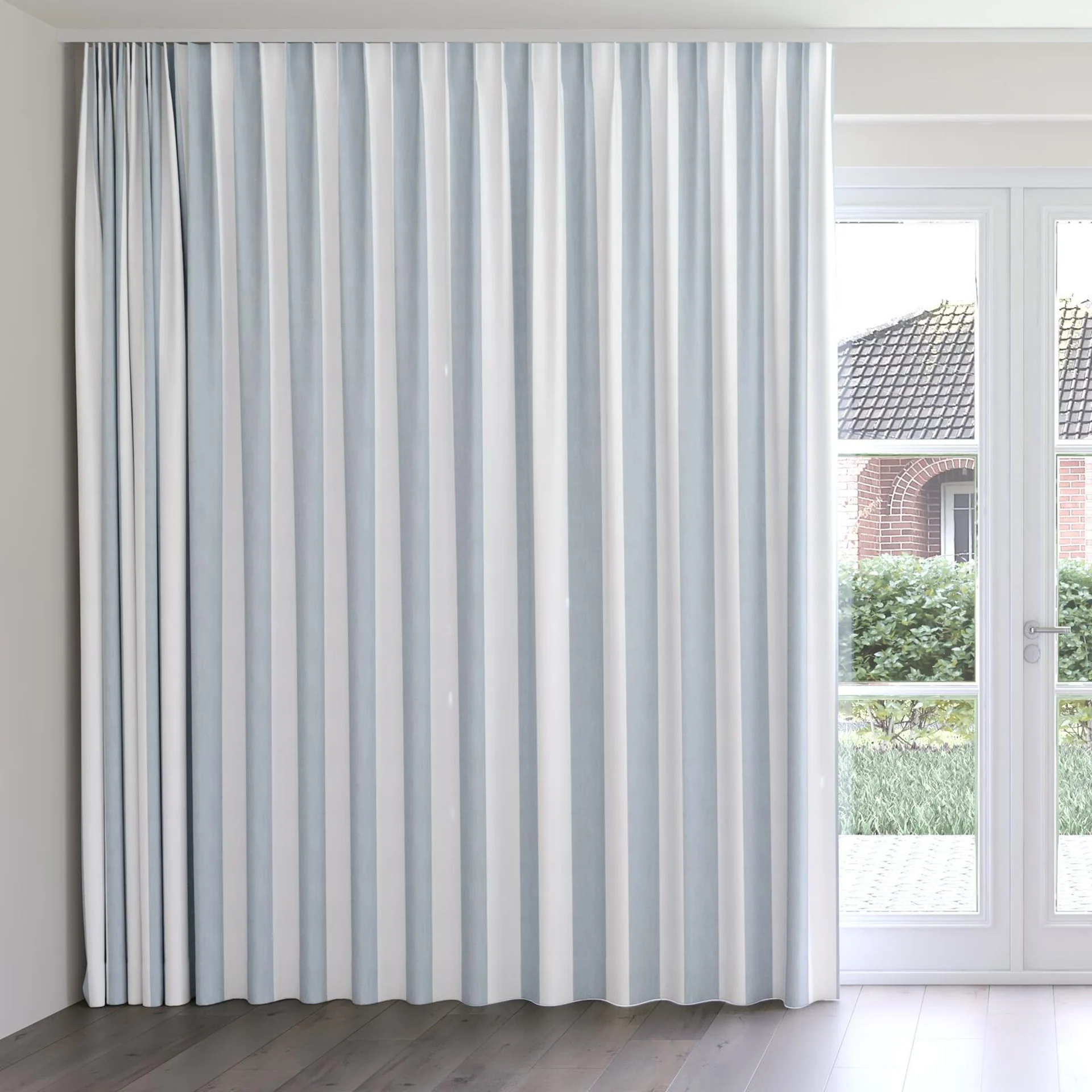 Front view of Chambray Bold Sky Blue, on curtain rail