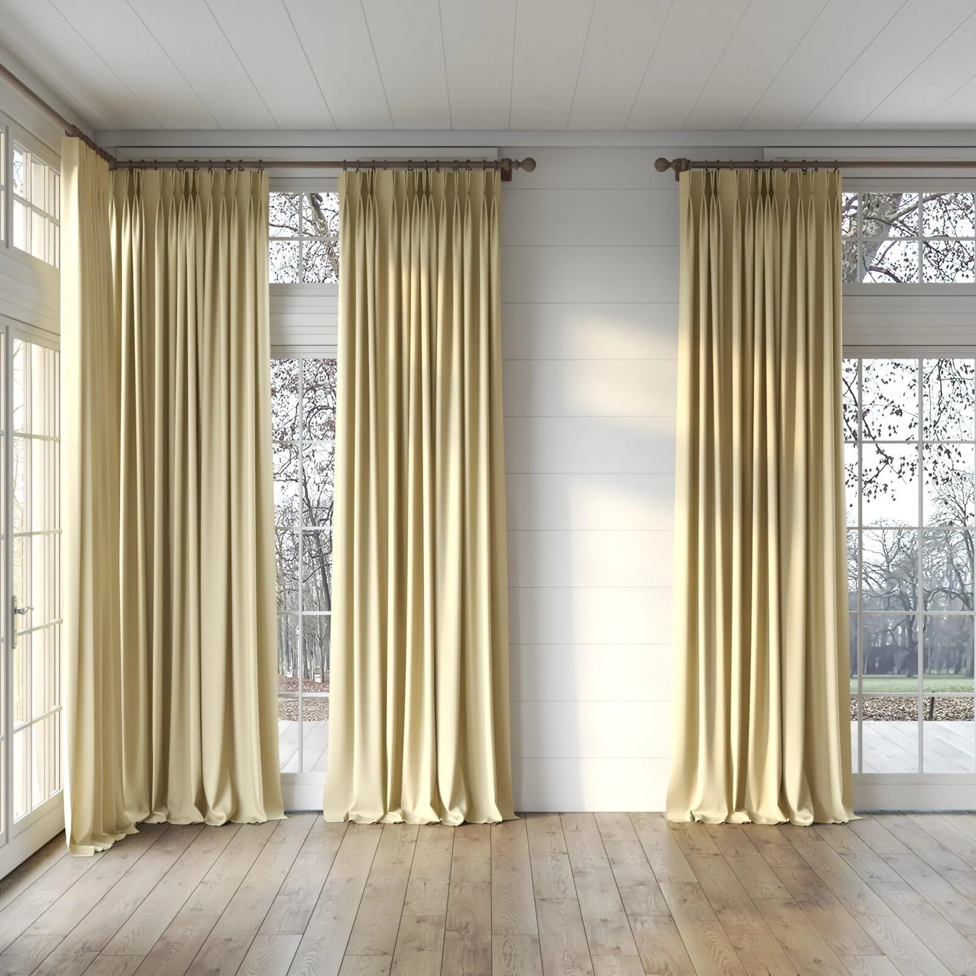 Full view of Vesta Raffia, puddled, on curtain rod