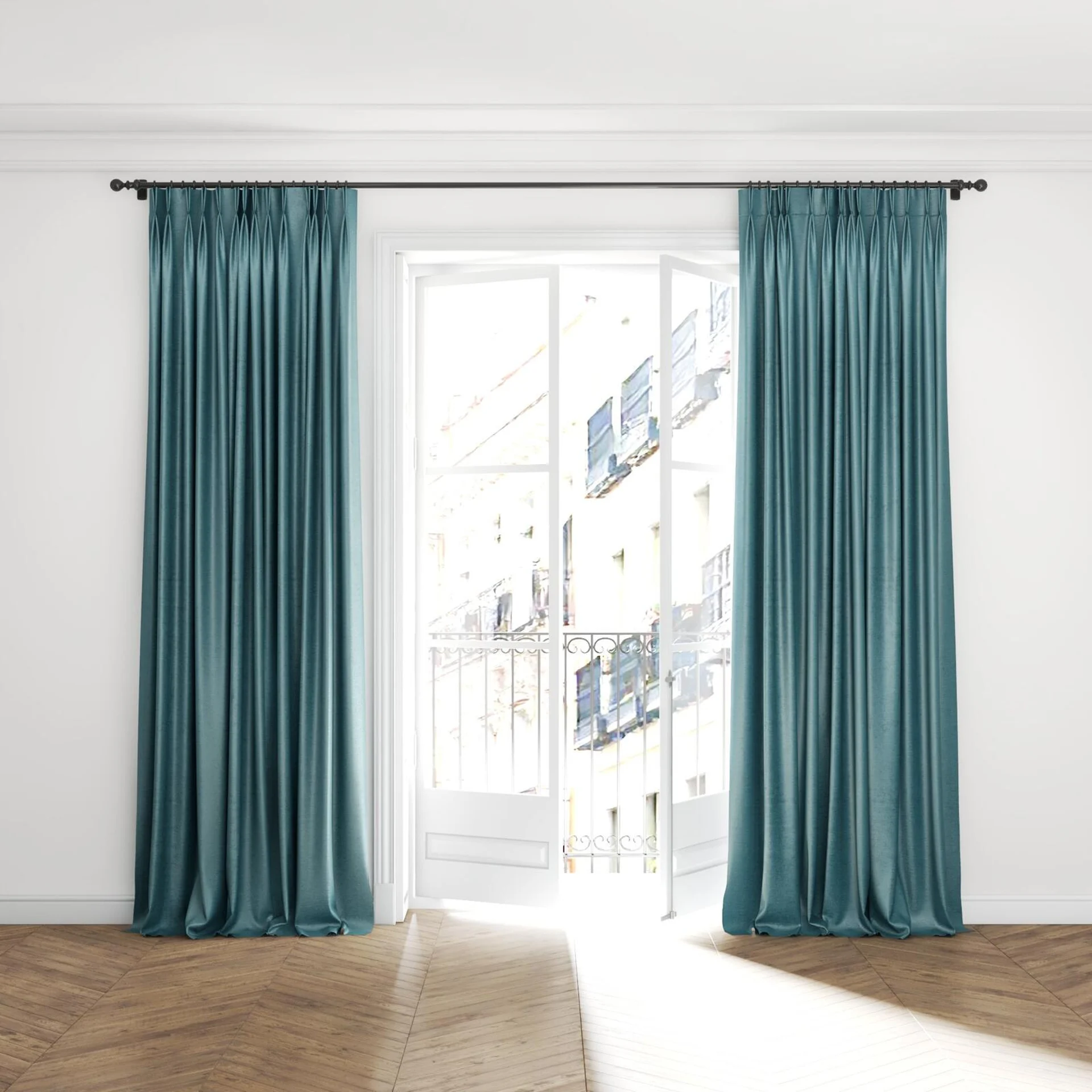 Full view of Lambada Ocean, puddled with pinch pleat, on curtain rod