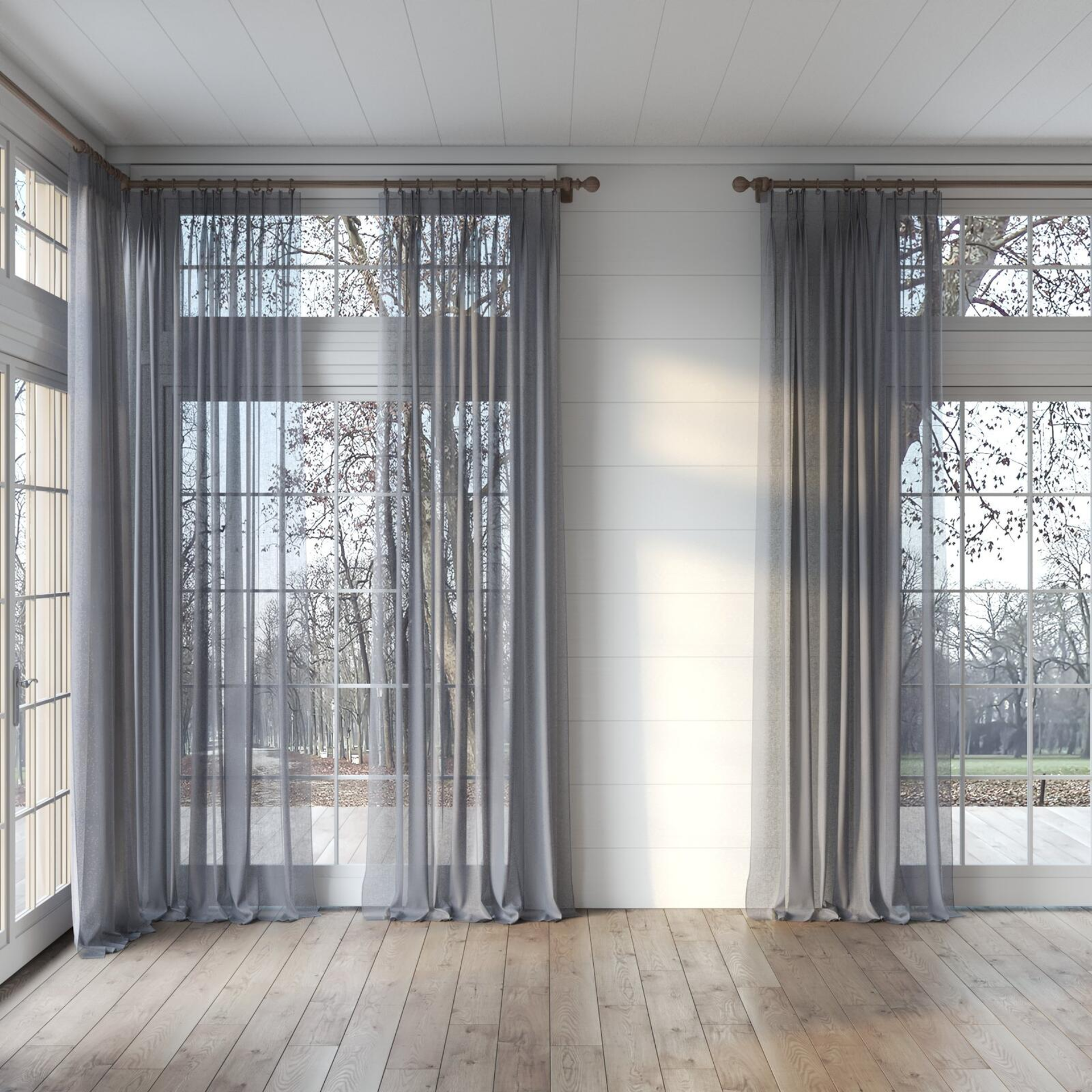 Full view of Elevate Mid Grey, puddled, on curtain rod