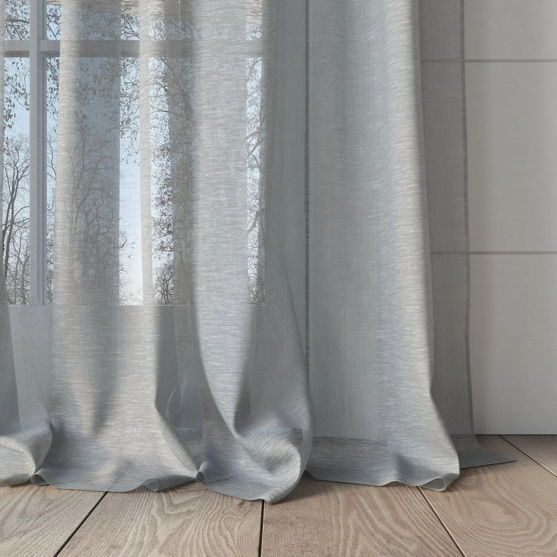 Bottom view of Locomotion Cloud, puddled, on curtain rod