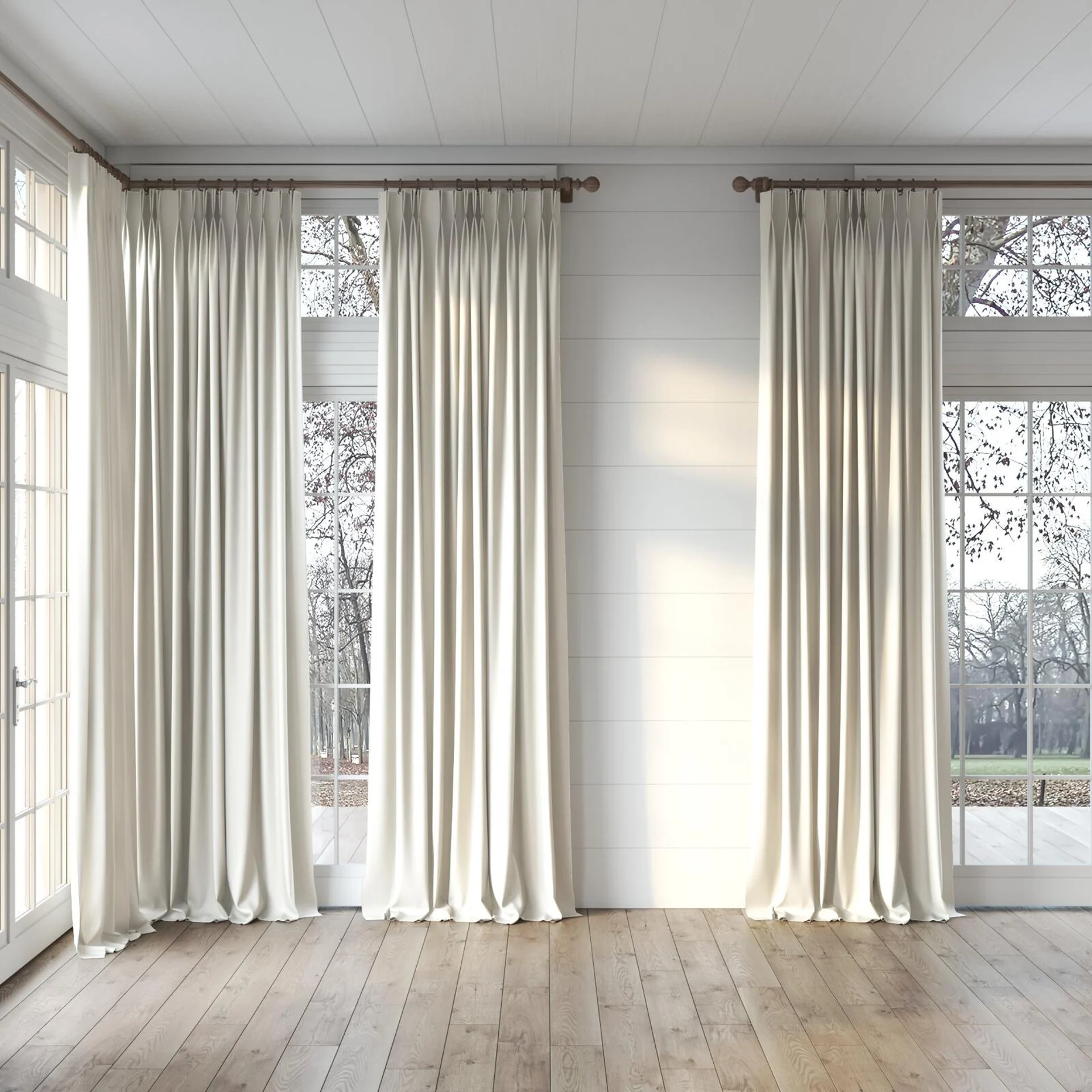 Full view of Excel Greige, puddled, on curtain rod