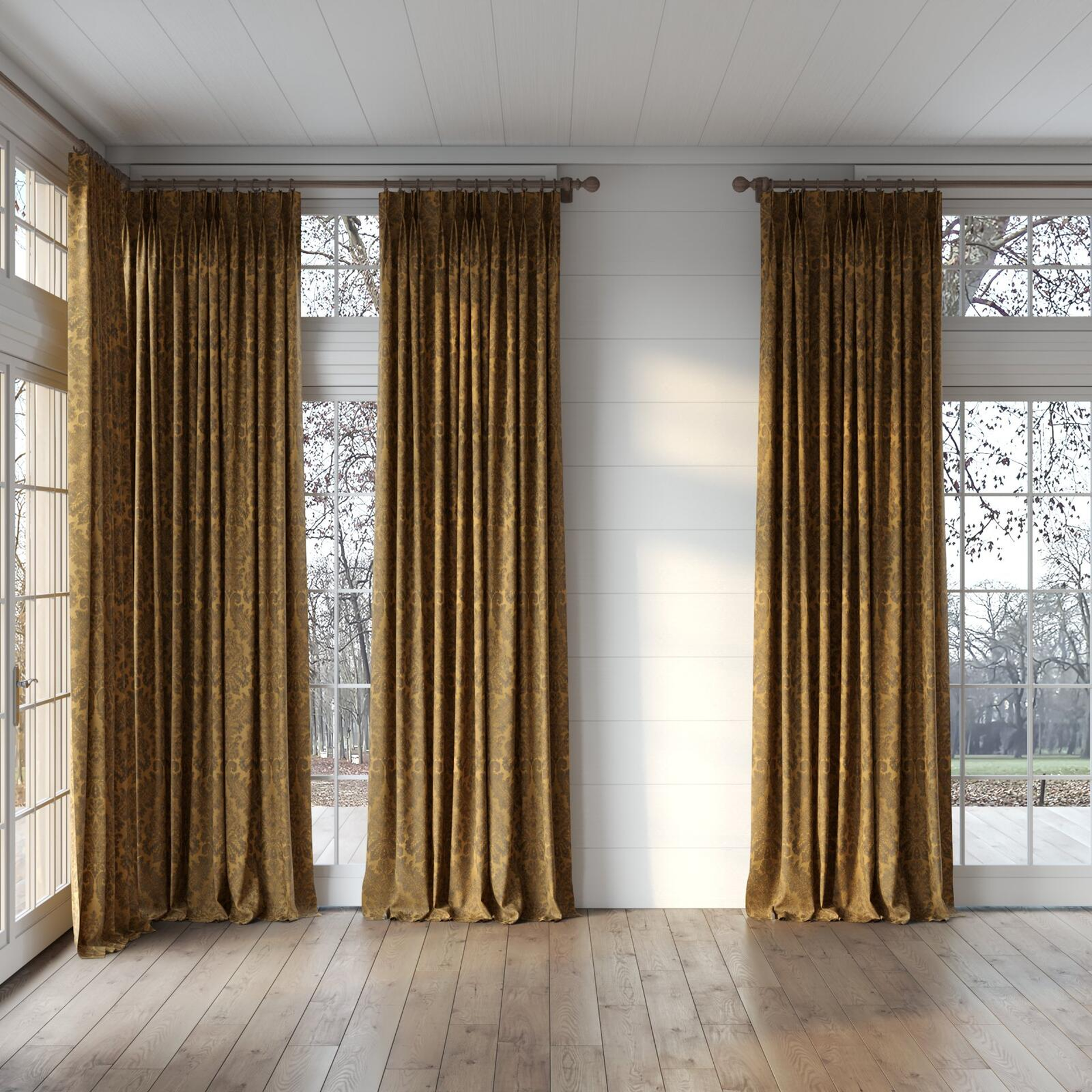 Full view of Gosh Tinsel, puddled, on curtain rod