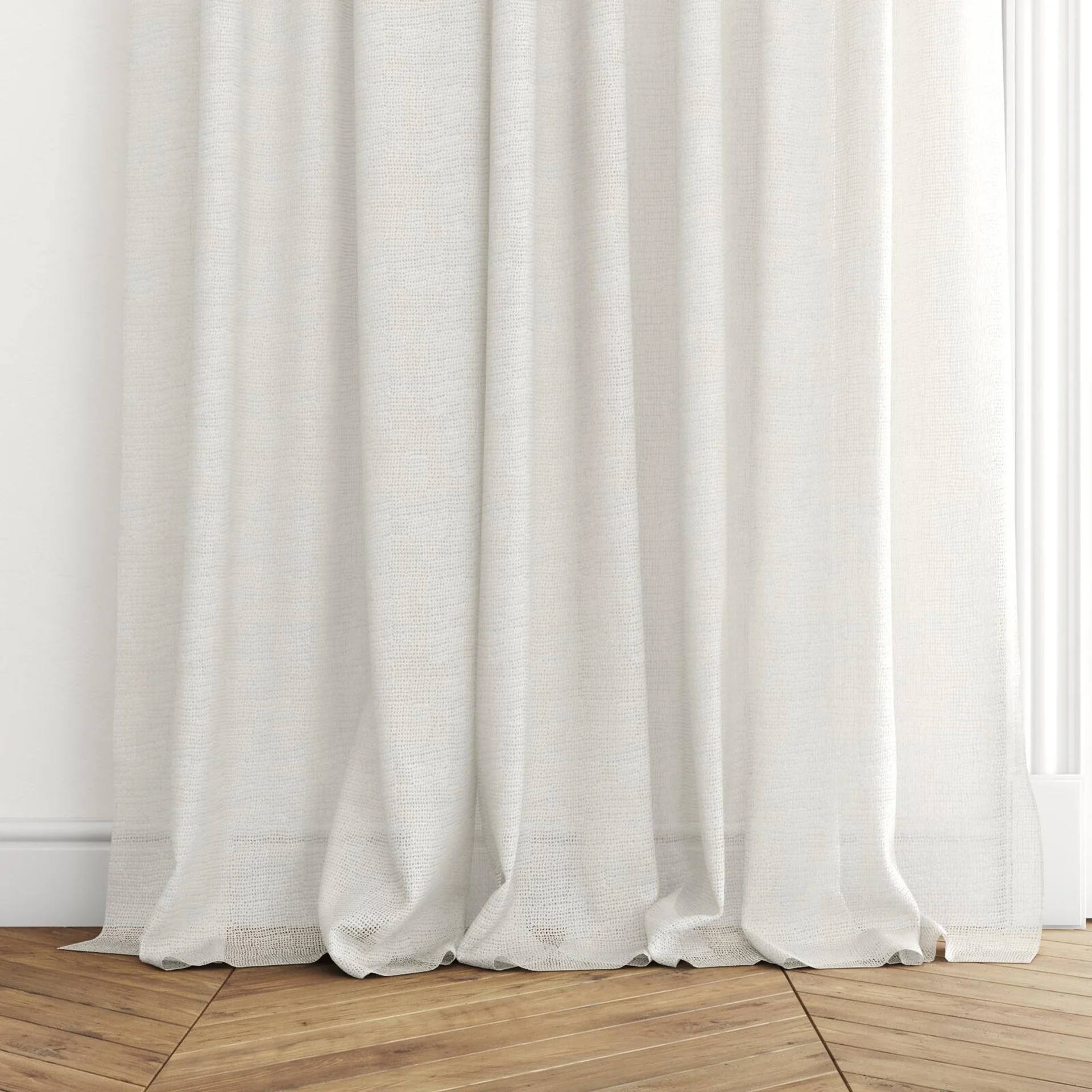 Bottom view of O'Keeffe Bone, puddled with pinch pleat, on curtain rod