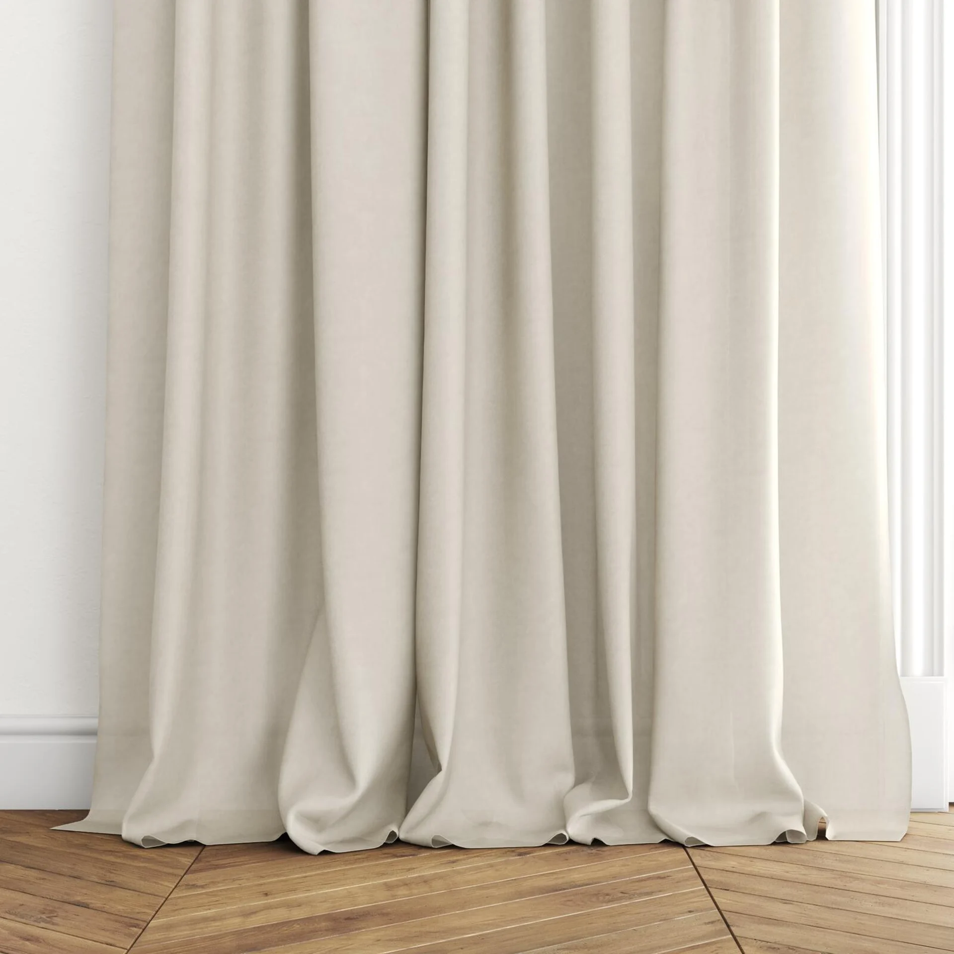 Bottom view of Flo II Sesame, puddled with pinch pleat, on curtain rod