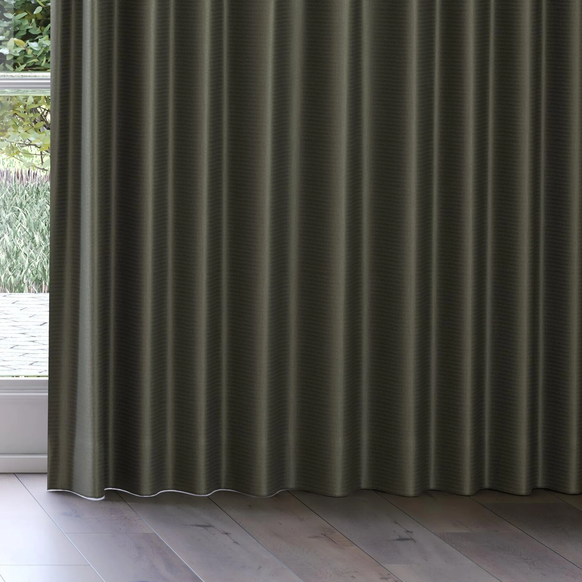 Bottom view of Kennedy II Blackout Moss, on curtain rail
