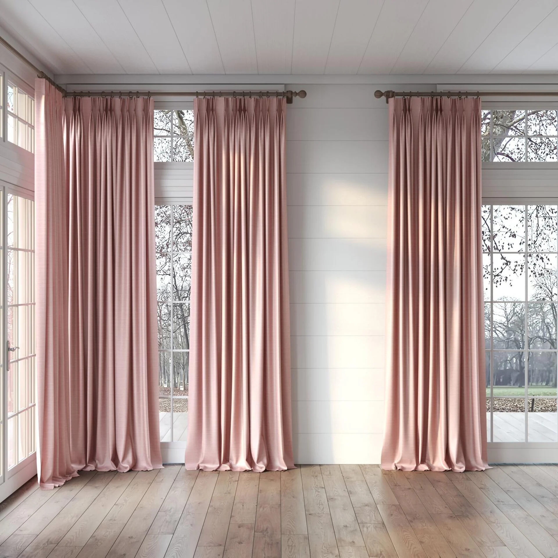 Full view of Silky Blossom, puddled, on curtain rod