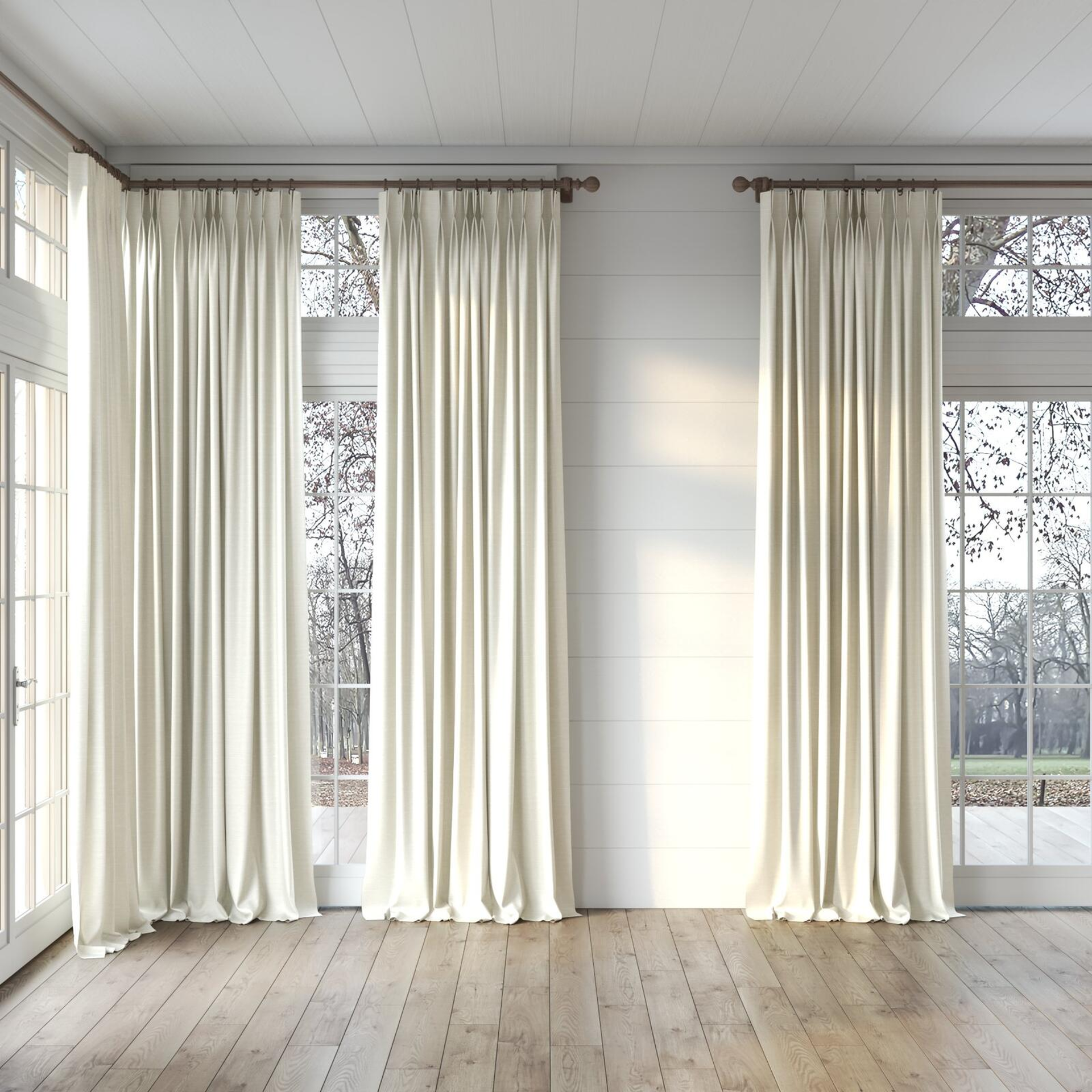 Full view of Silky Pearl, puddled, on curtain rod