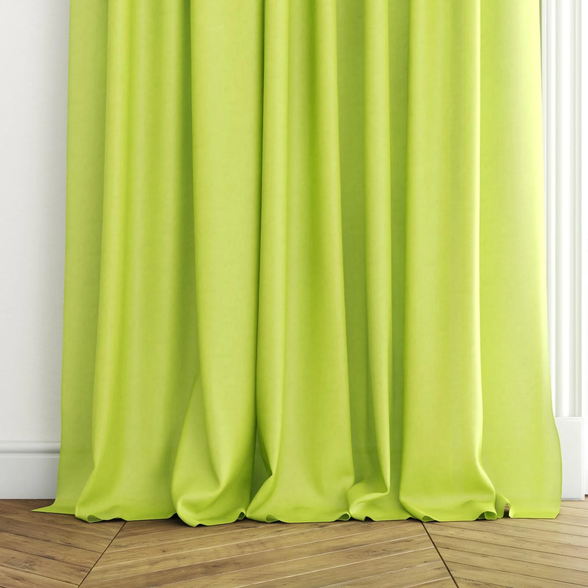 Bottom view of Flo II Lime, puddled with pinch pleat, on curtain rod