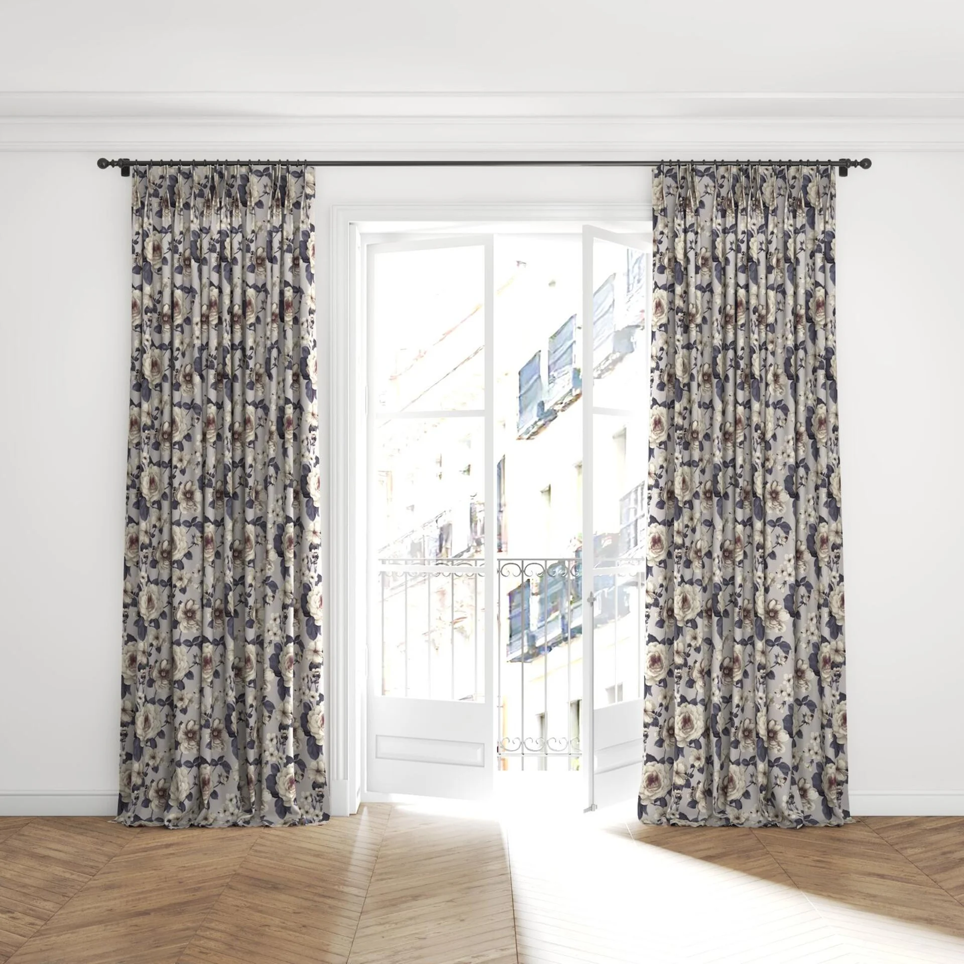 Full view of Miriam French Earl Grey, puddled with pinch pleat, on curtain rod