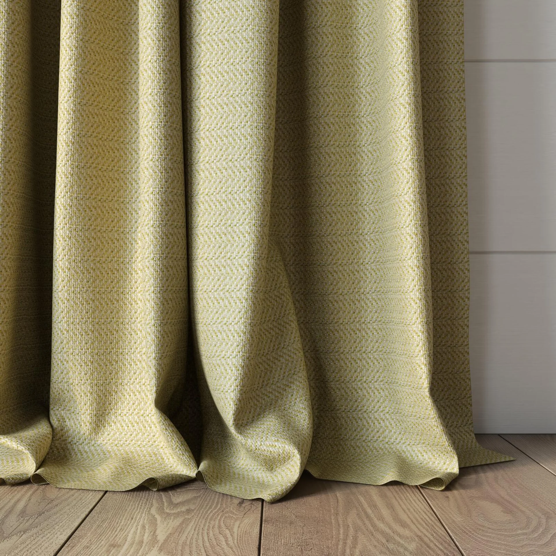 Bottom view of Kaomoji Lemon, puddled, on curtain rod