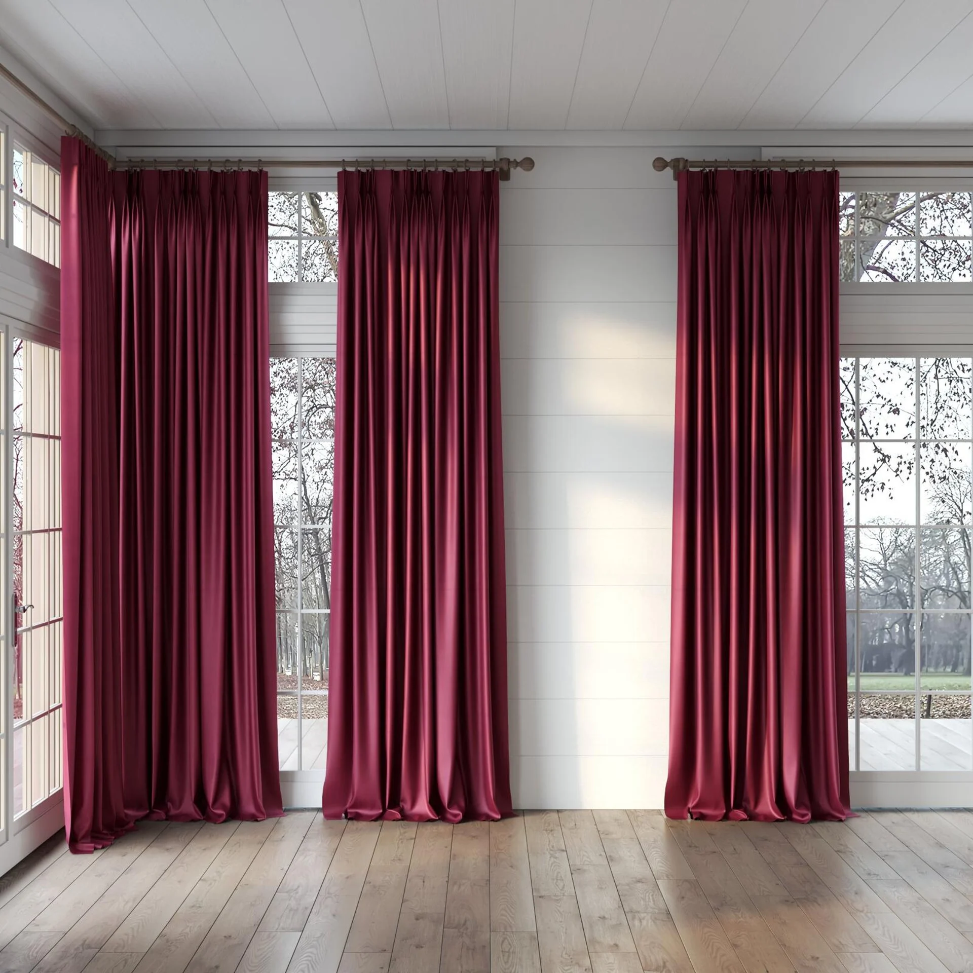 Full view of Warlock Passion, puddled, on curtain rod