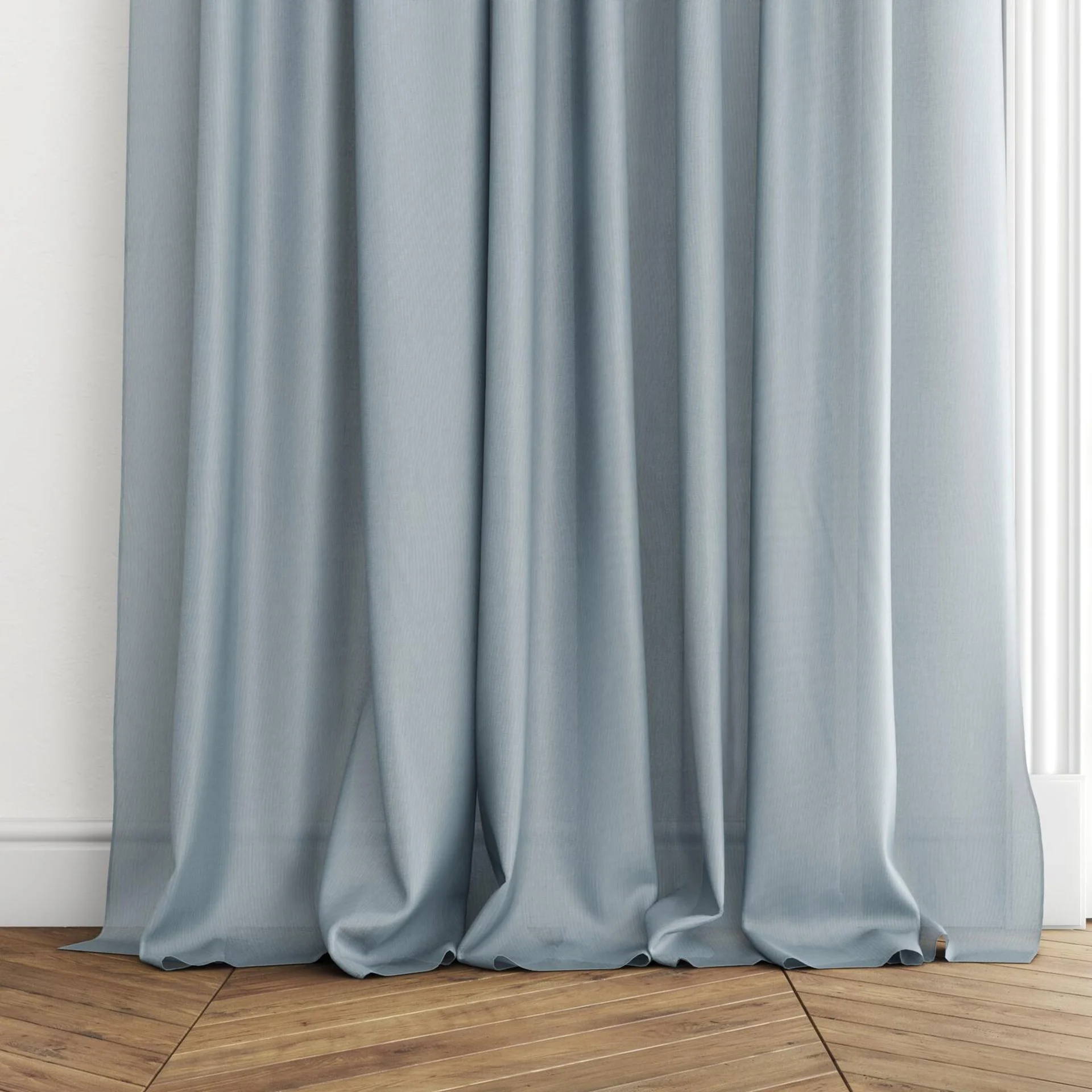 Bottom view of Jaba Sky, puddled with pinch pleat, on curtain rod