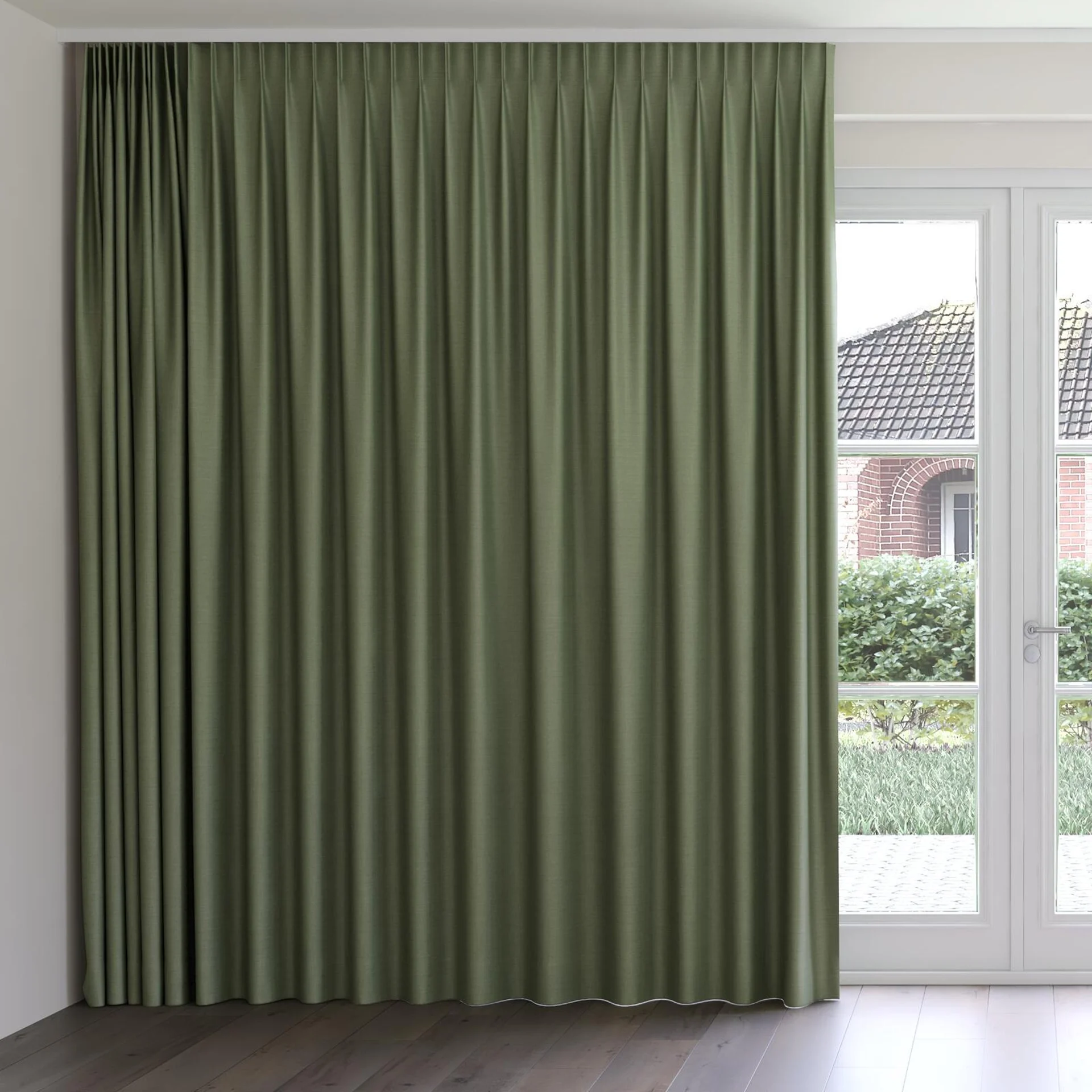 Front view of Linex Olive, on curtain rail