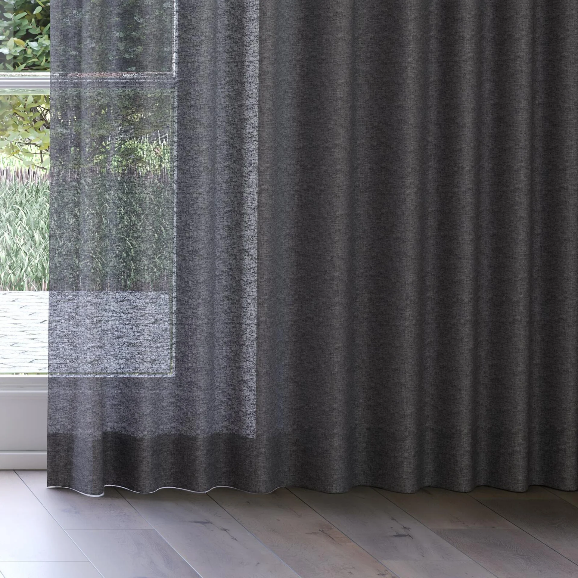 Bottom view of Shoji Charcoal, on curtain rail