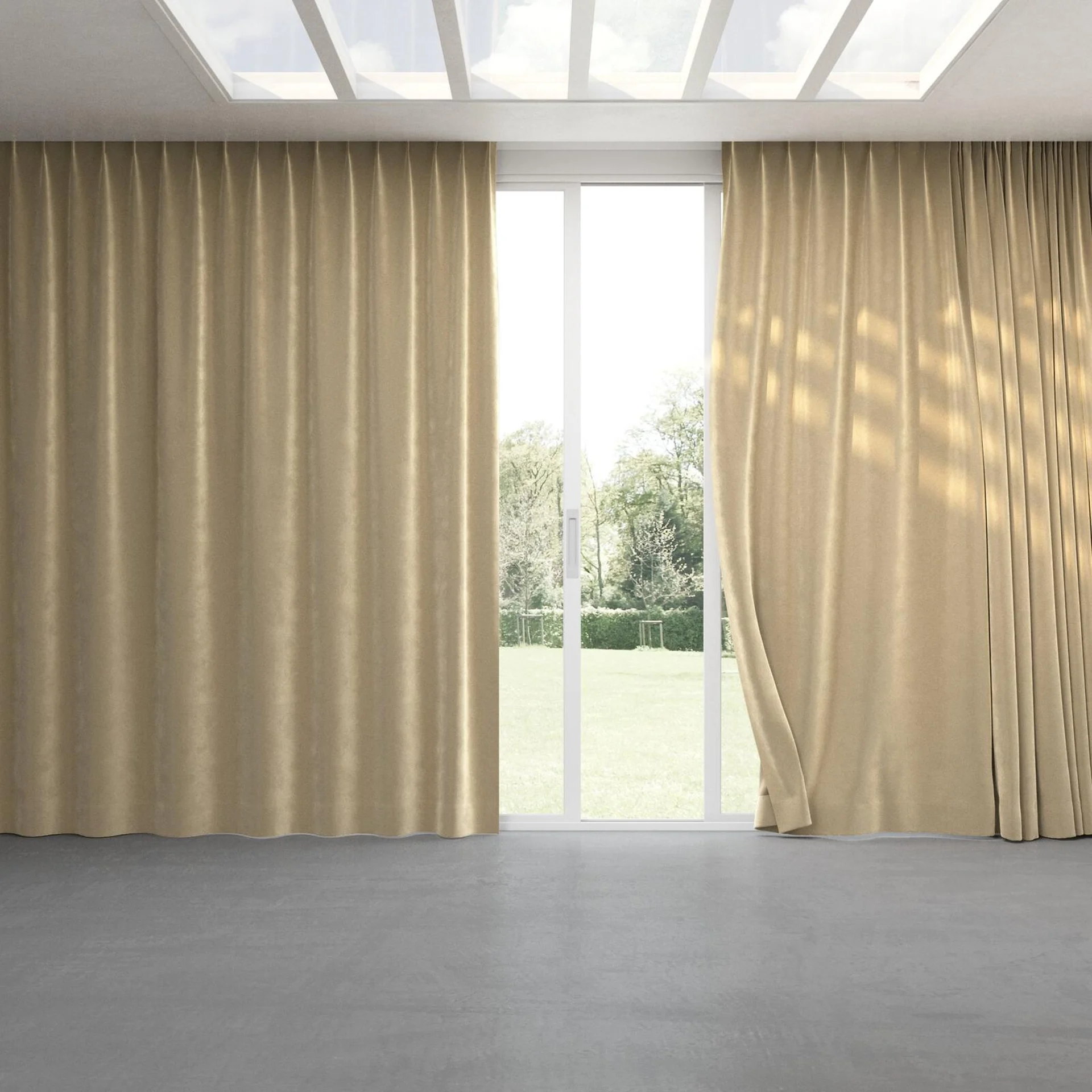 Full view of Velvelux Caramel, pinch pleat