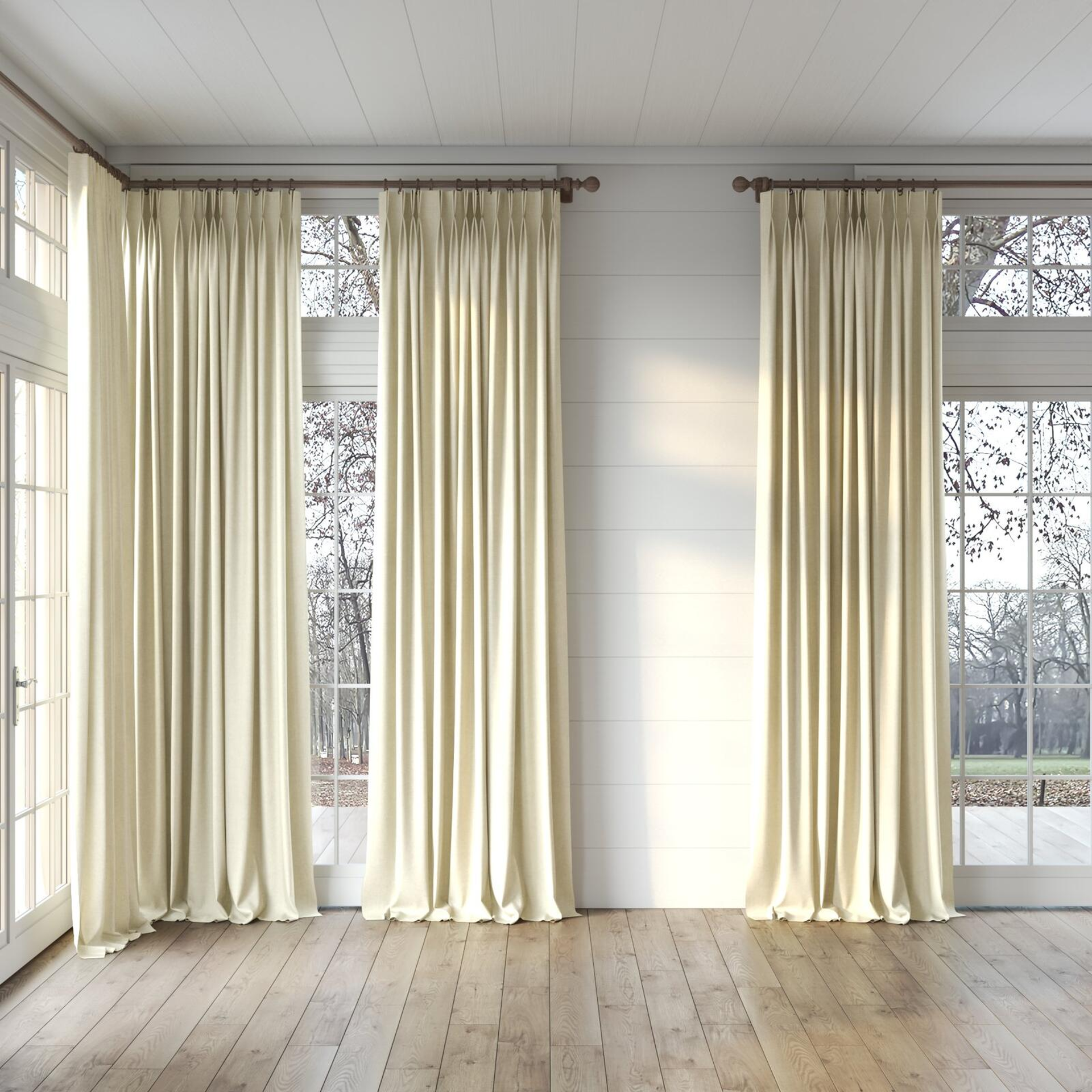 Full view of Rover Rattan, puddled, on curtain rod