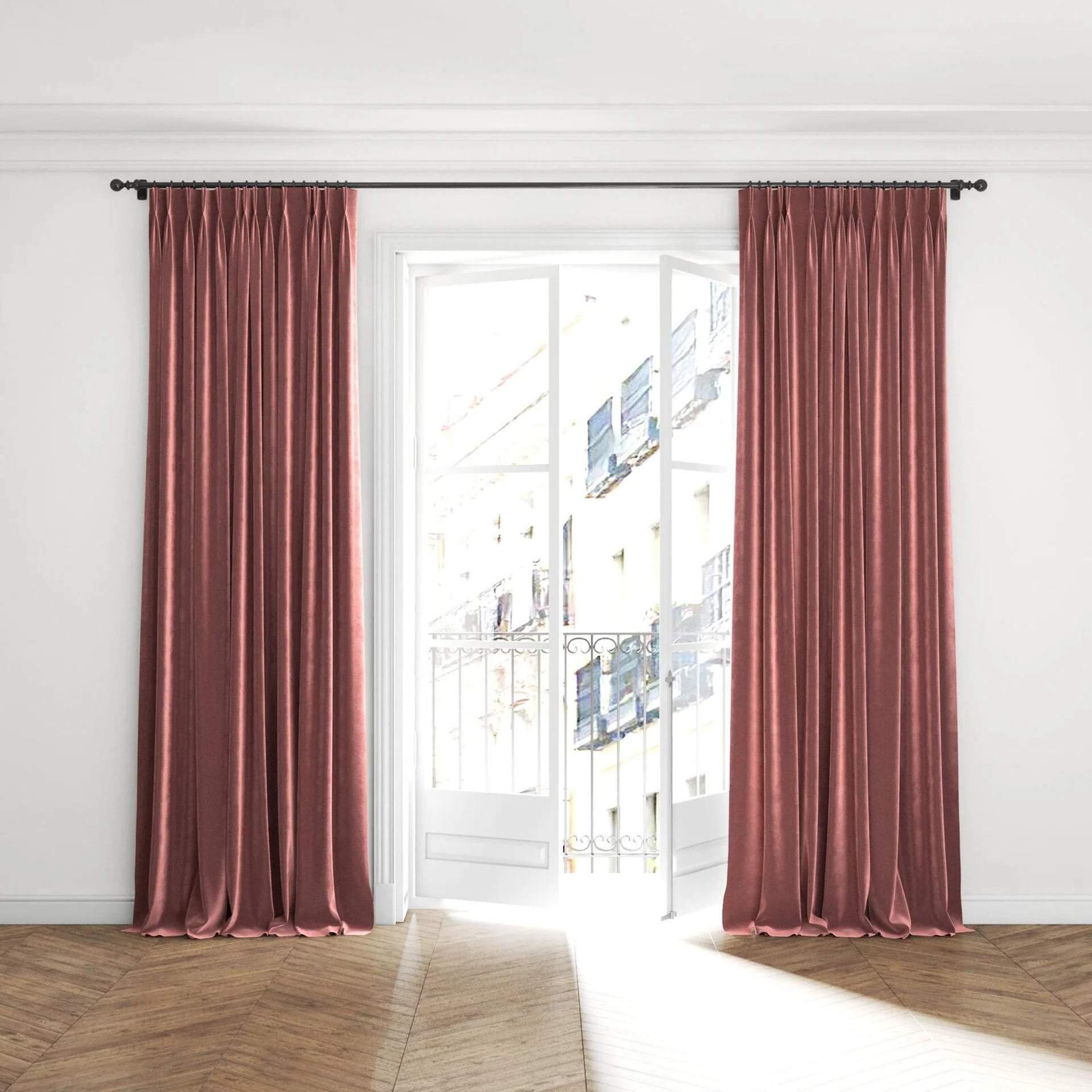 Full view of Velvelux Ruby, puddled with pinch pleat, on curtain rod