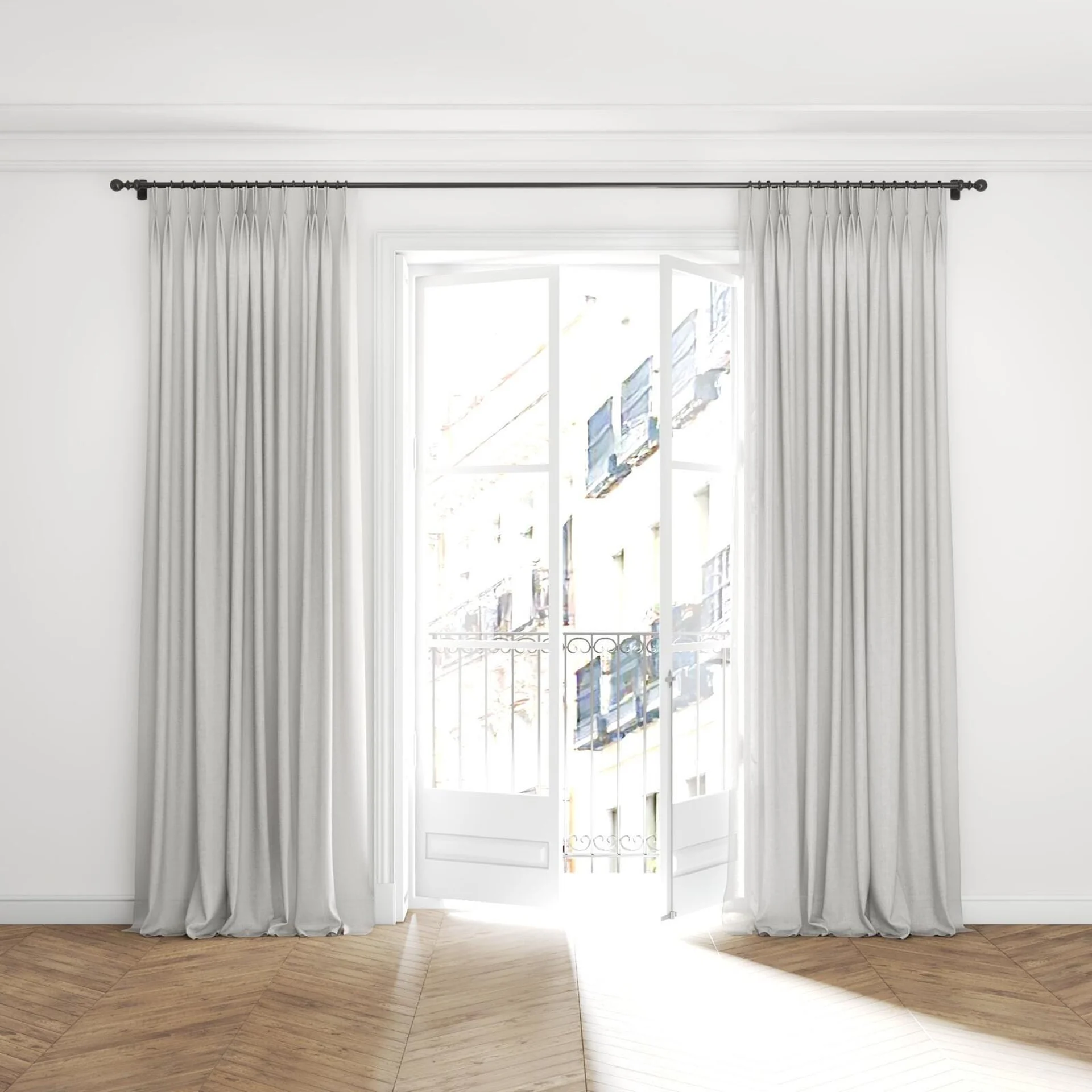 Full view of Release Ice, puddled with pinch pleat, on curtain rod