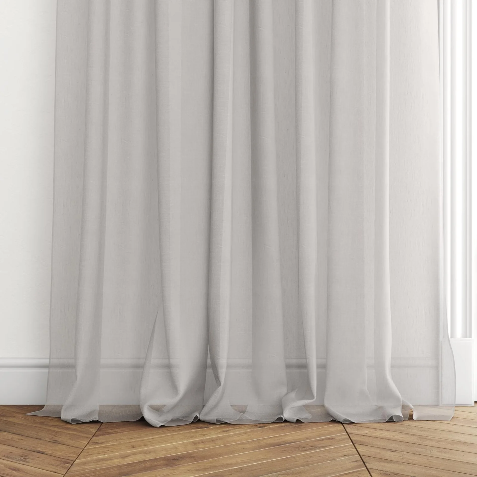 Bottom view of Cavalier Cloud, puddled with pinch pleat, on curtain rod