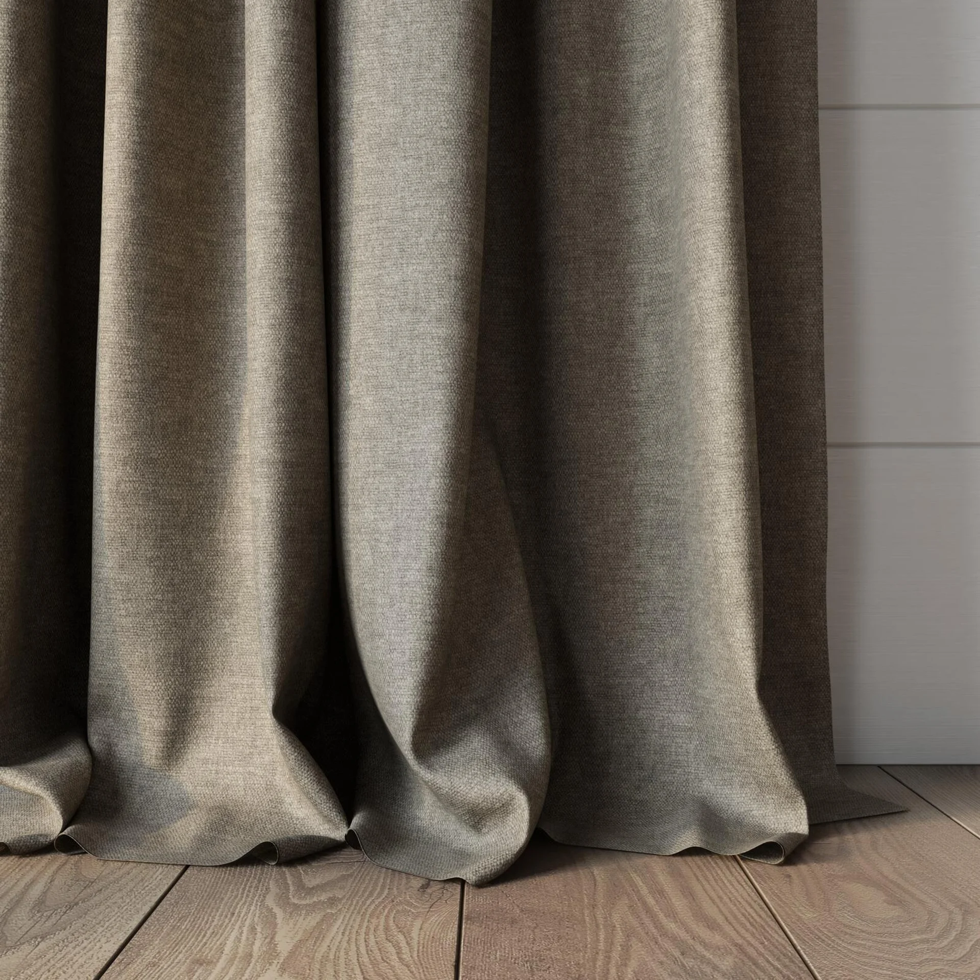Bottom view of Colourwash Taupe, puddled, on curtain rod