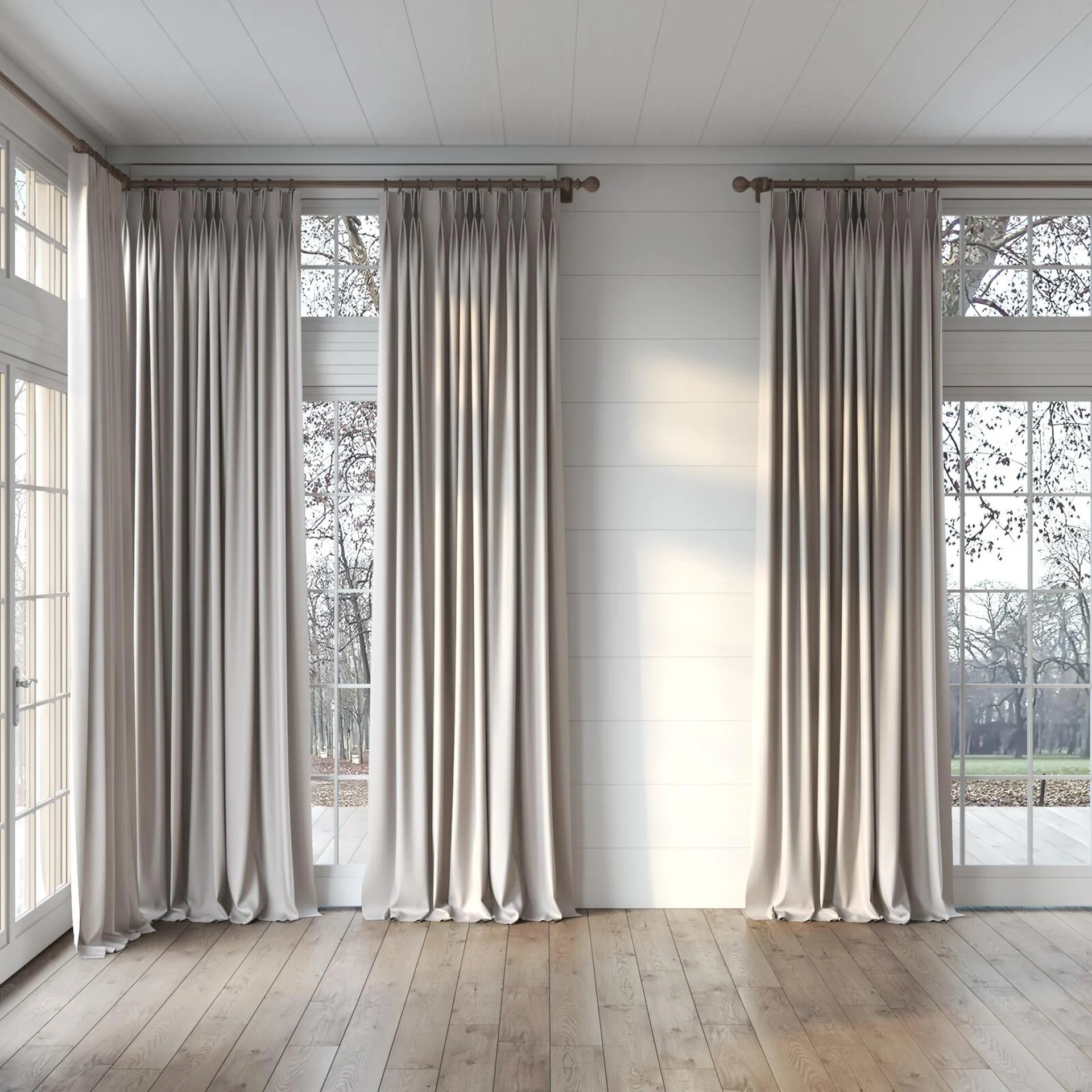 Full view of Brugge Taupe, puddled, on curtain rod