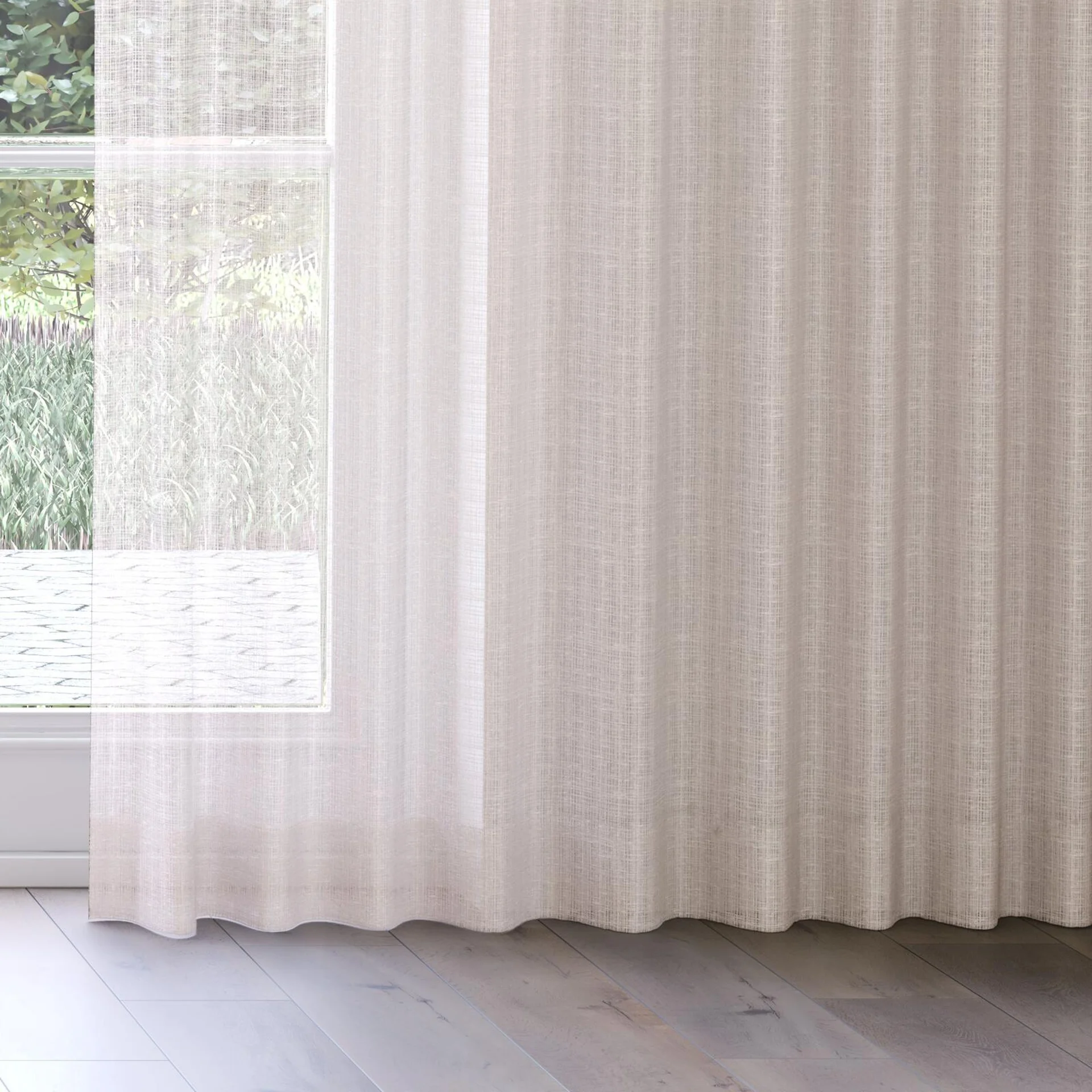 Bottom view of Scandinese Blush, on curtain rail