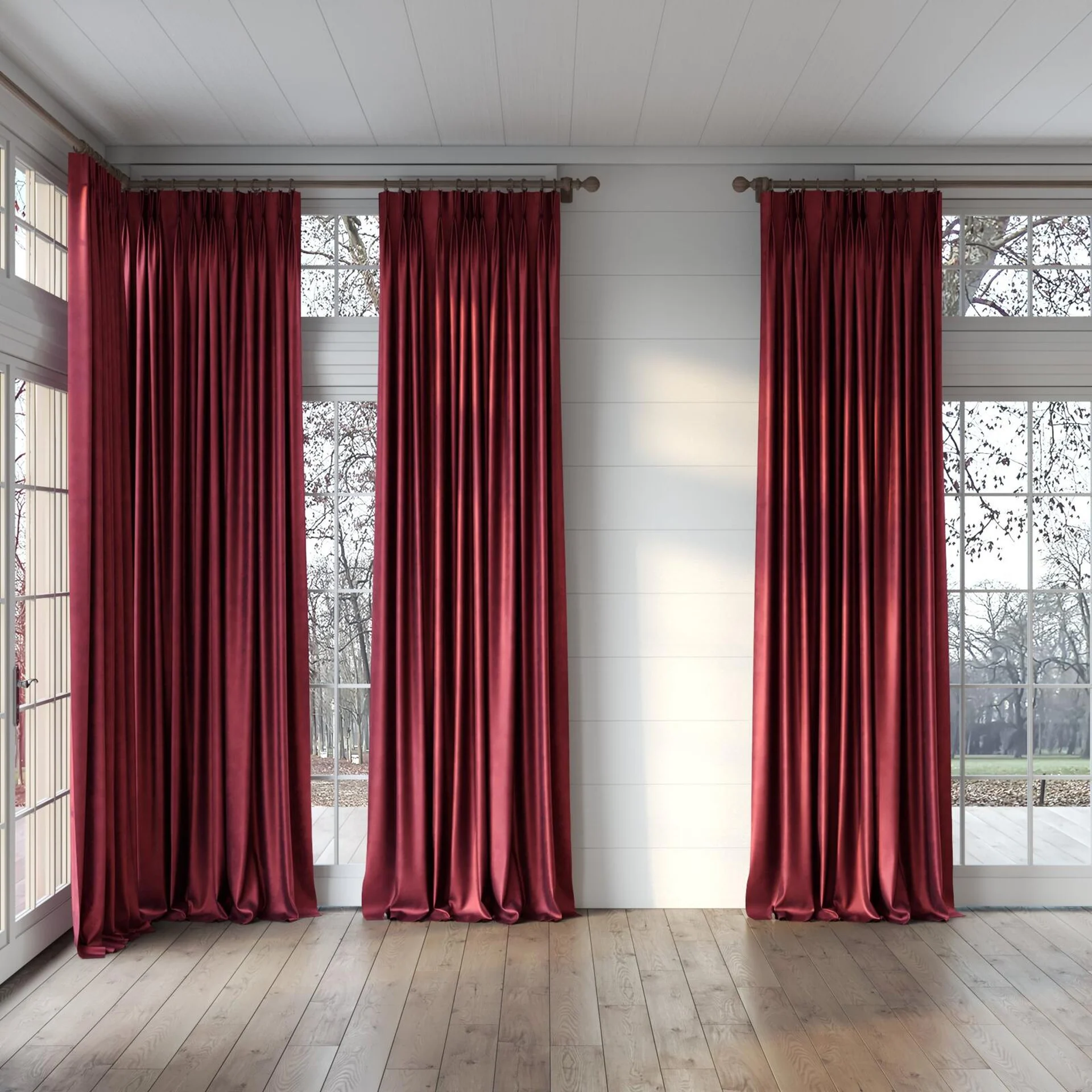 Full view of Fizz Bordeaux, puddled, on curtain rod