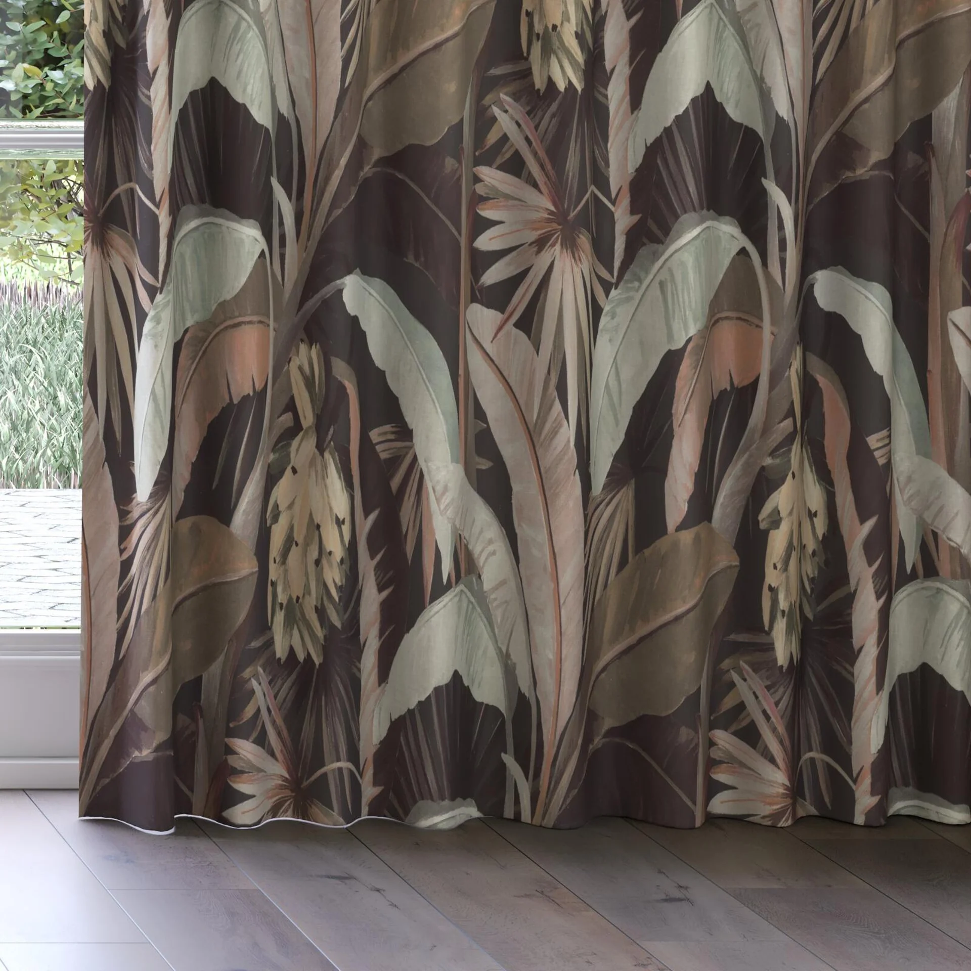 Bottom view of La Palma Sepia, on curtain rail