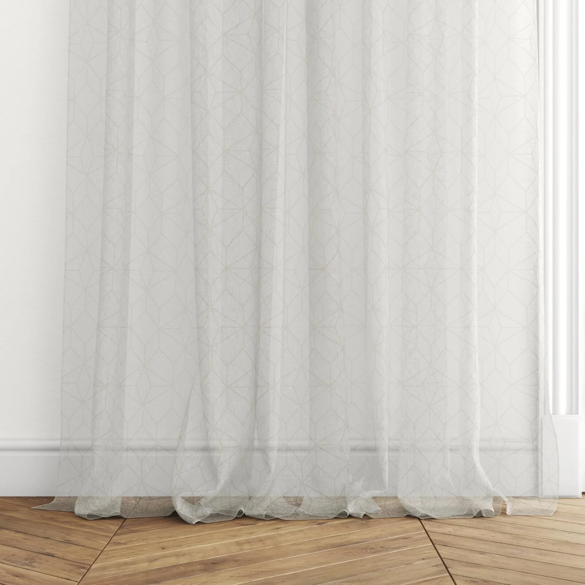 Bottom view of Alassio Sand, puddled with pinch pleat, on curtain rod