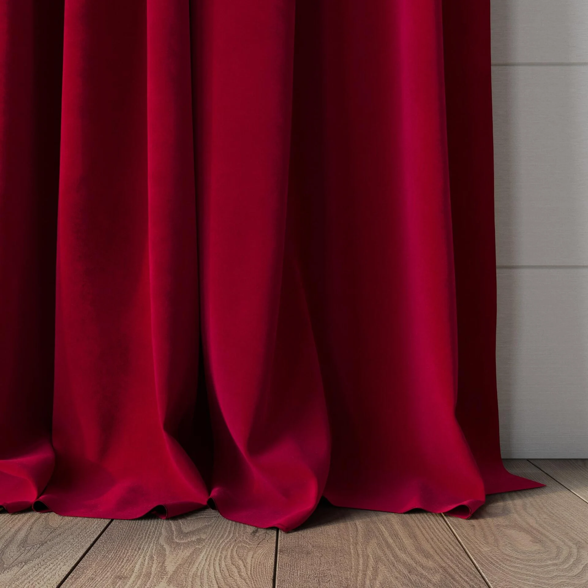 Bottom view of Lux Velvet Poppy 8601, puddled, on curtain rod