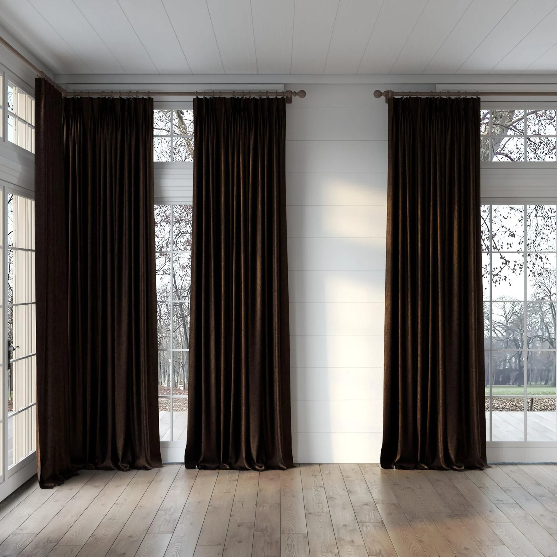 Full view of Opera Truffle, puddled, on curtain rod