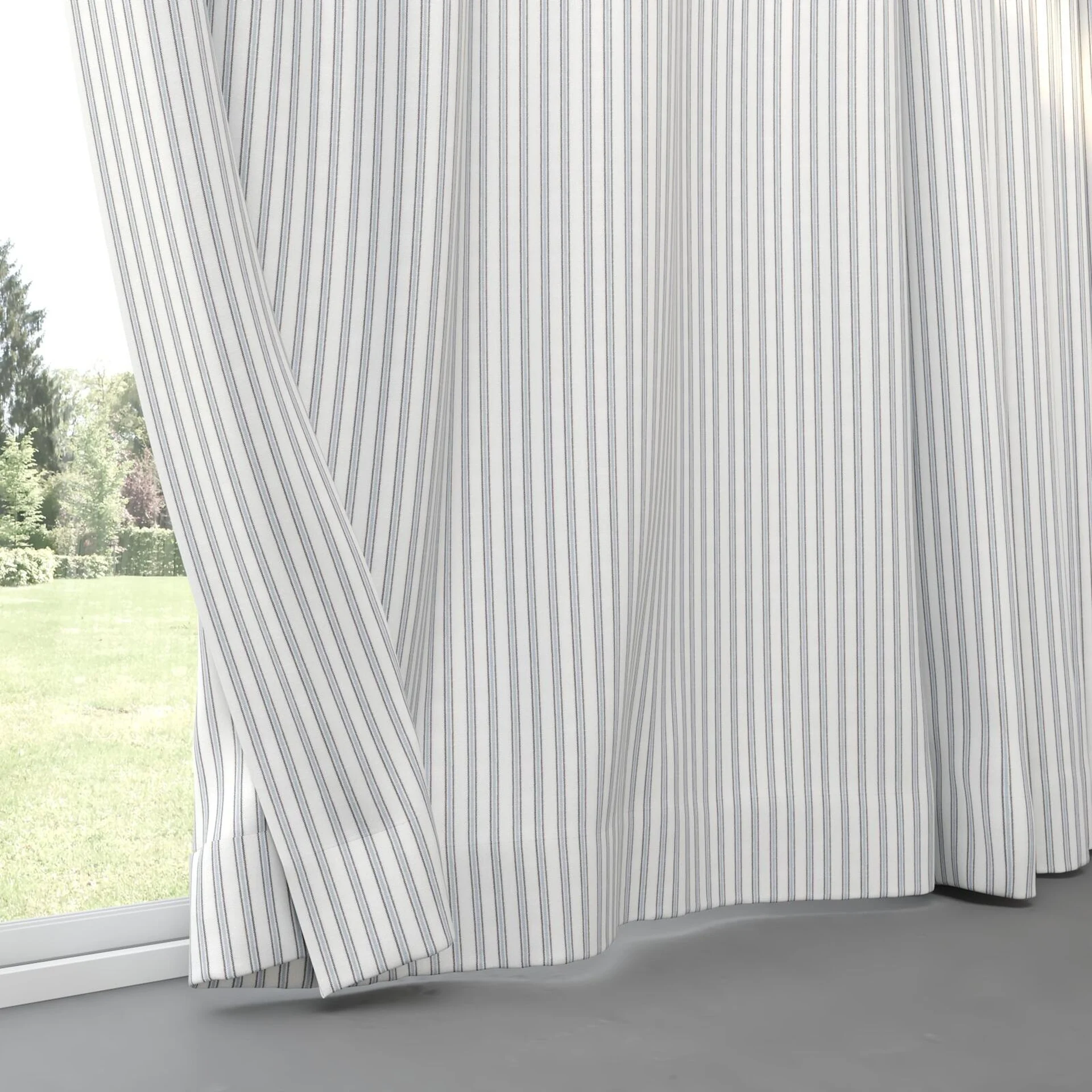 Bottom view of Chambray Ticking Sky Blue, pinch pleat