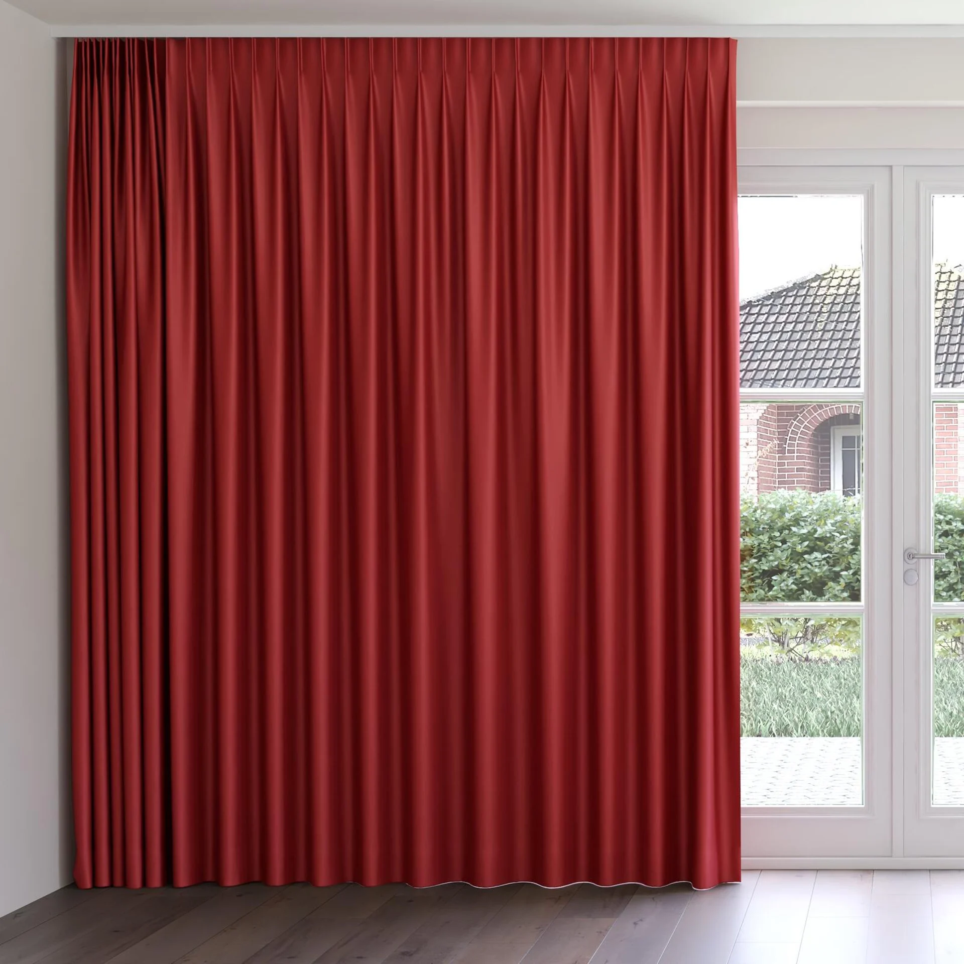 Front view of Stallion 2 Blackout Vino, on curtain rail